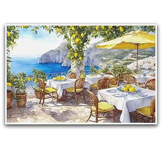 Capri lemon tree restaurant watercolor landmark painting with ripe lemon plants terrace tables and chairs parasols sea view island coastal town and sunny sky wall decoration art canvas print poster