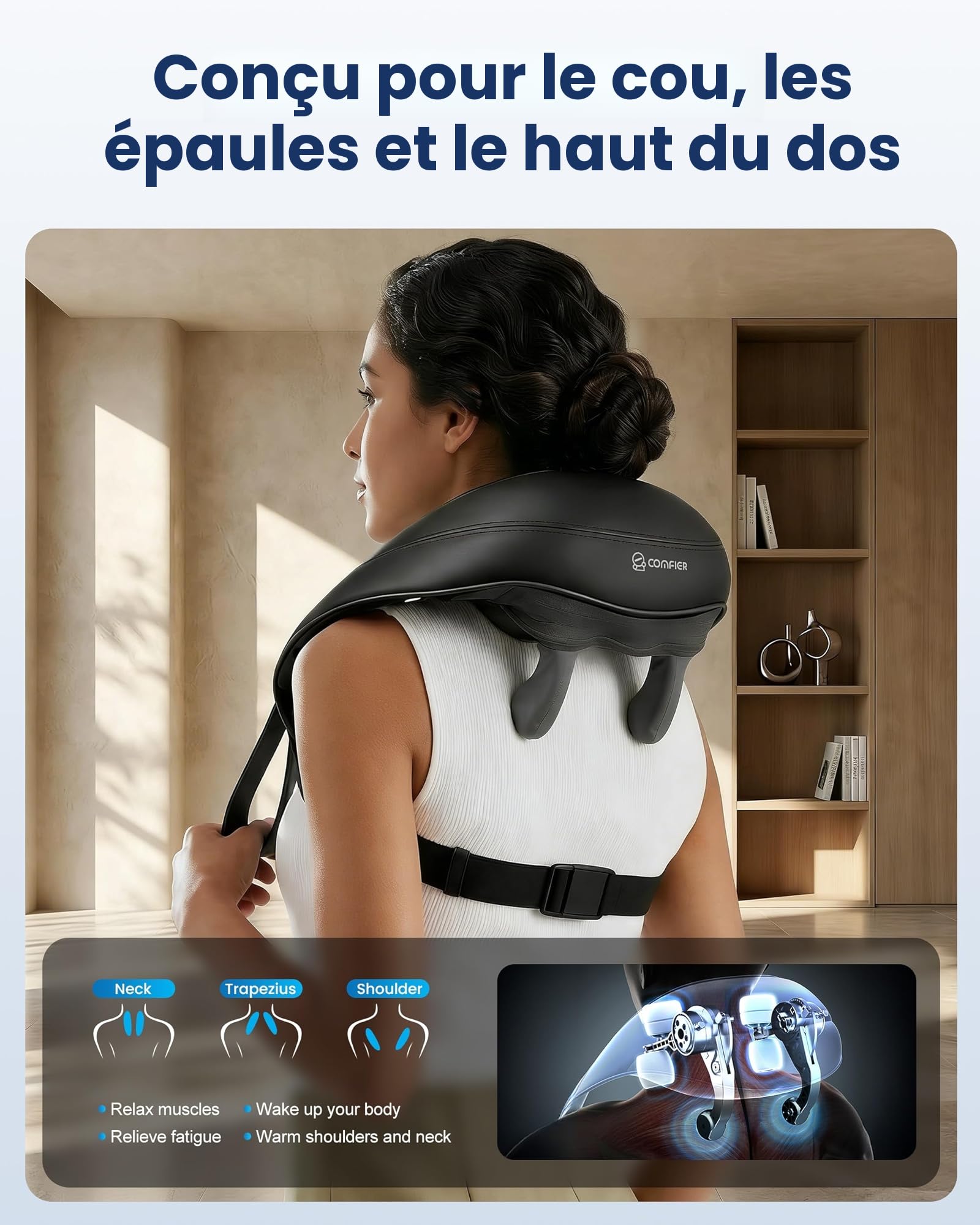COMFIER Appareil de massage de la nuque, des épaules et du cou sans fil 6D, avec 2 niveaux de chauffage, housse lavable, massage en tissu profond, cadeau pour maman et papa