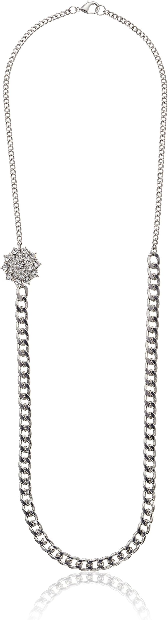 Amazon Collection Long One Row Link with Crystal Rhinestone Flower Accent Chain Statement Necklace, 37"