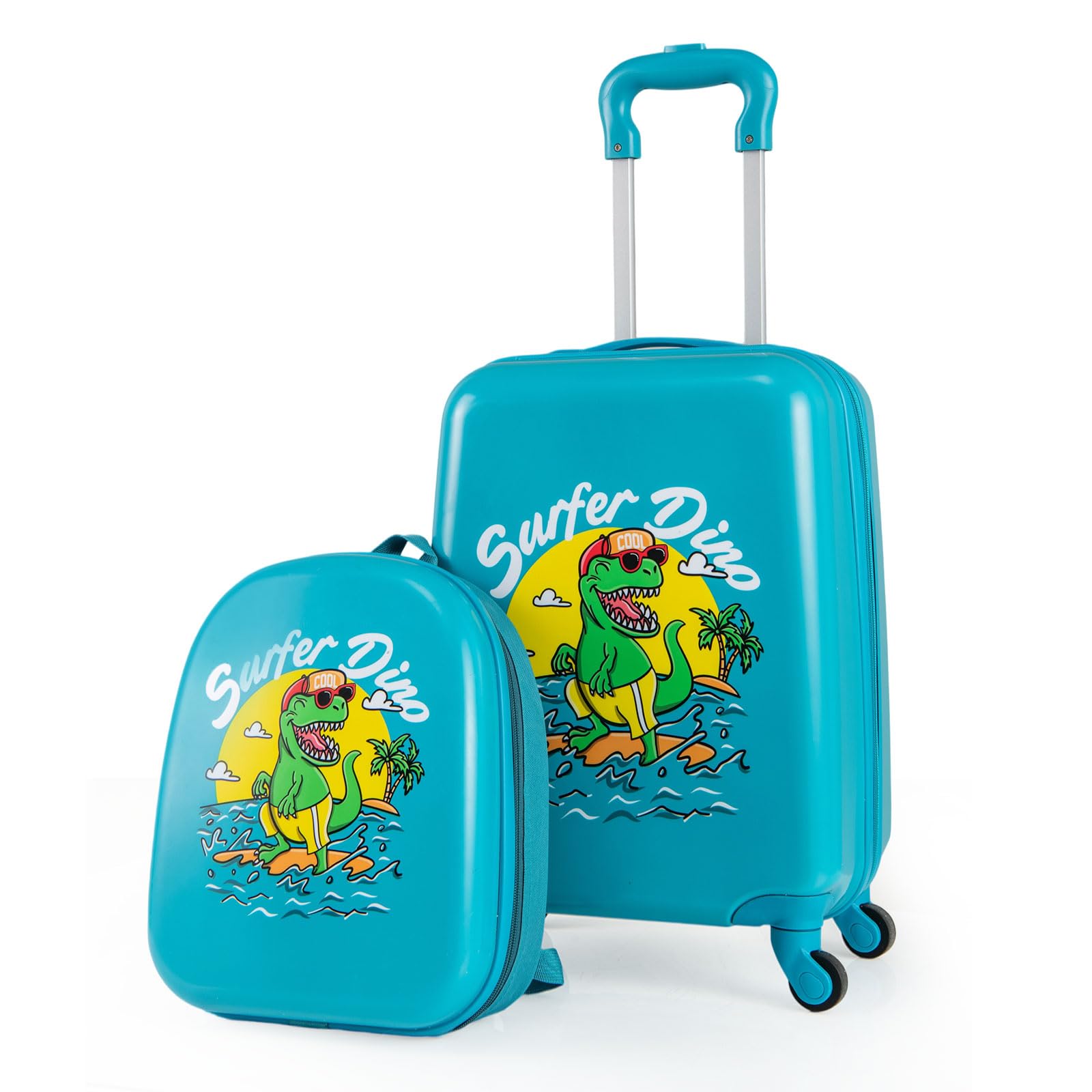 GOPLUS 2 TLG Kinderkoffer mit Rucksack, Kindertrolley mit Rollen, Teleskopgriff, Leichter Kinder Koffer mit Handgepäck, Reisekoffer für Flugzeug, Kindergepäck für Mädchen und Jungen (Türkis)