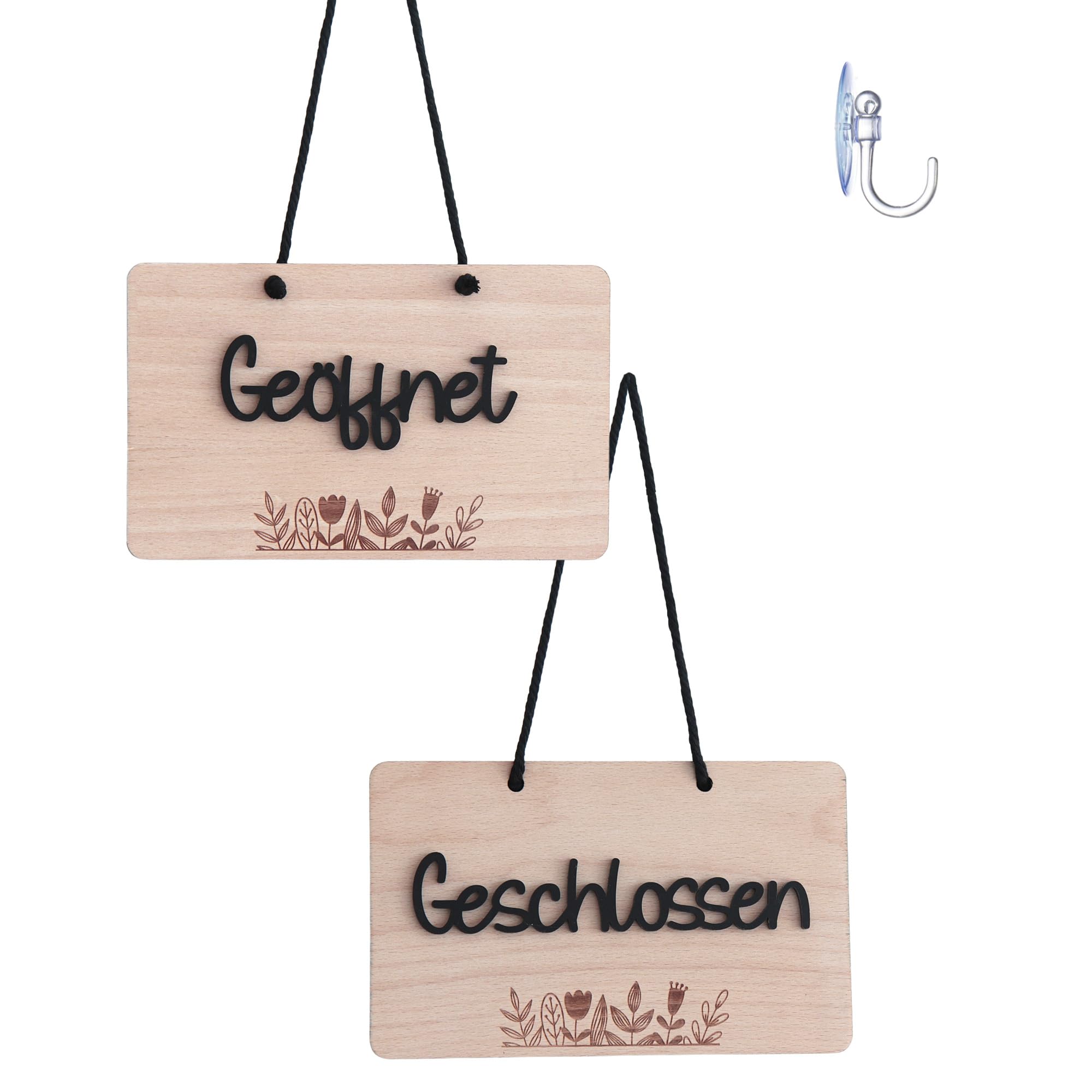 Offenes Schild für Geschäfte, Geschäfte, Geschäfte, Restaurants in Holz mit Saugnapf auf Deutsch