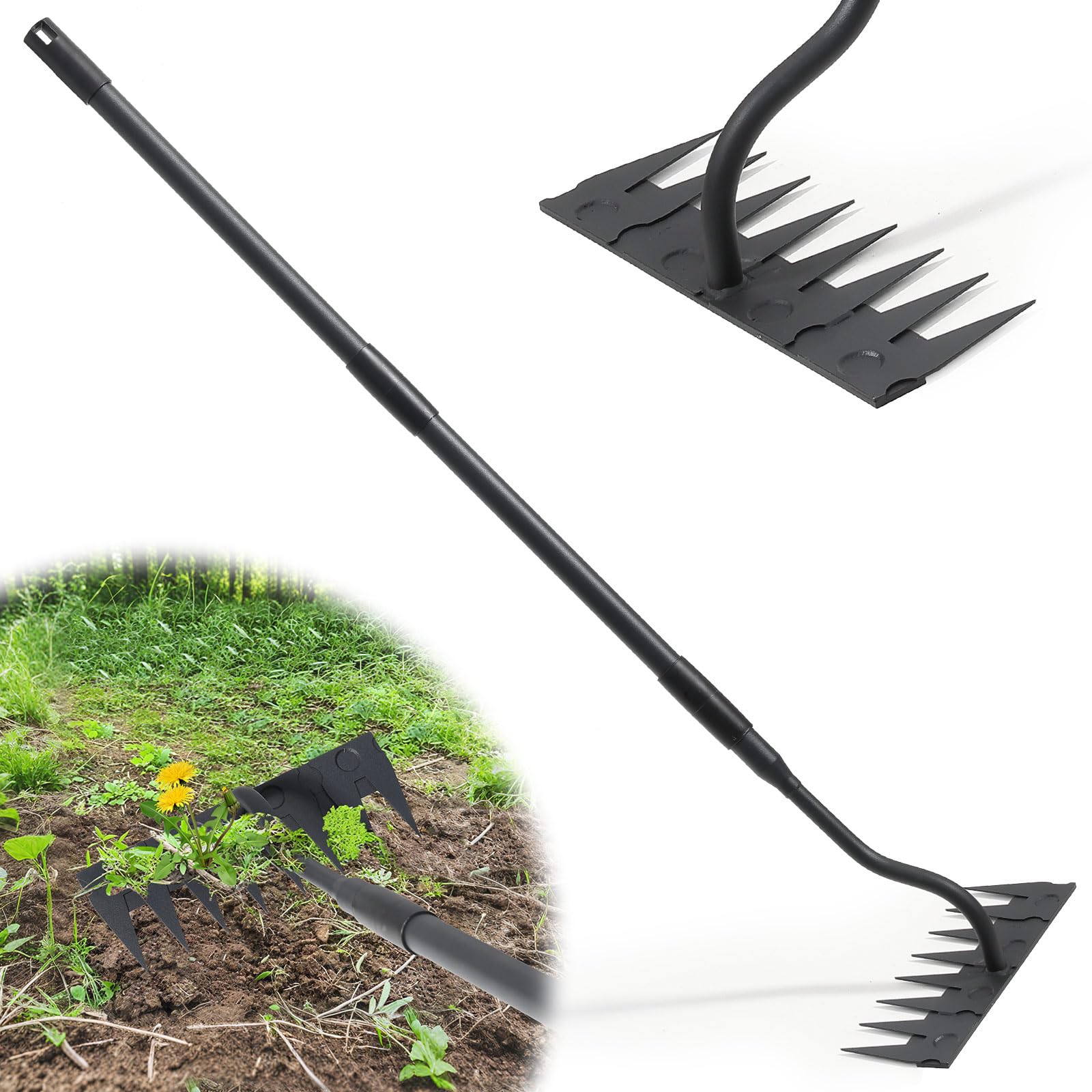 Rastrillo de jardín, mango largo de 140 cm, 8 dientes de jardín de carga pesada, rastrillo de metal de carbono de jardín, rastrillo manual para malezas, rastillo de jardín trasero, herramienta de
