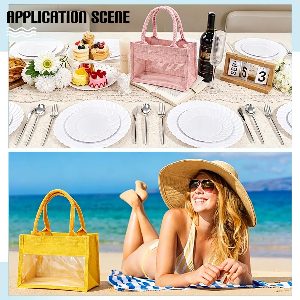 WADORN 12 Pièces Mini Sacs Tote En Jute Avec Fenêtres Transparentes 6 Couleurs Petits Sacs Tote En Jute Et Toile Avec Poignées Vierges Unis Réutilisables Pour Faveurs De Mariage Cadeaux