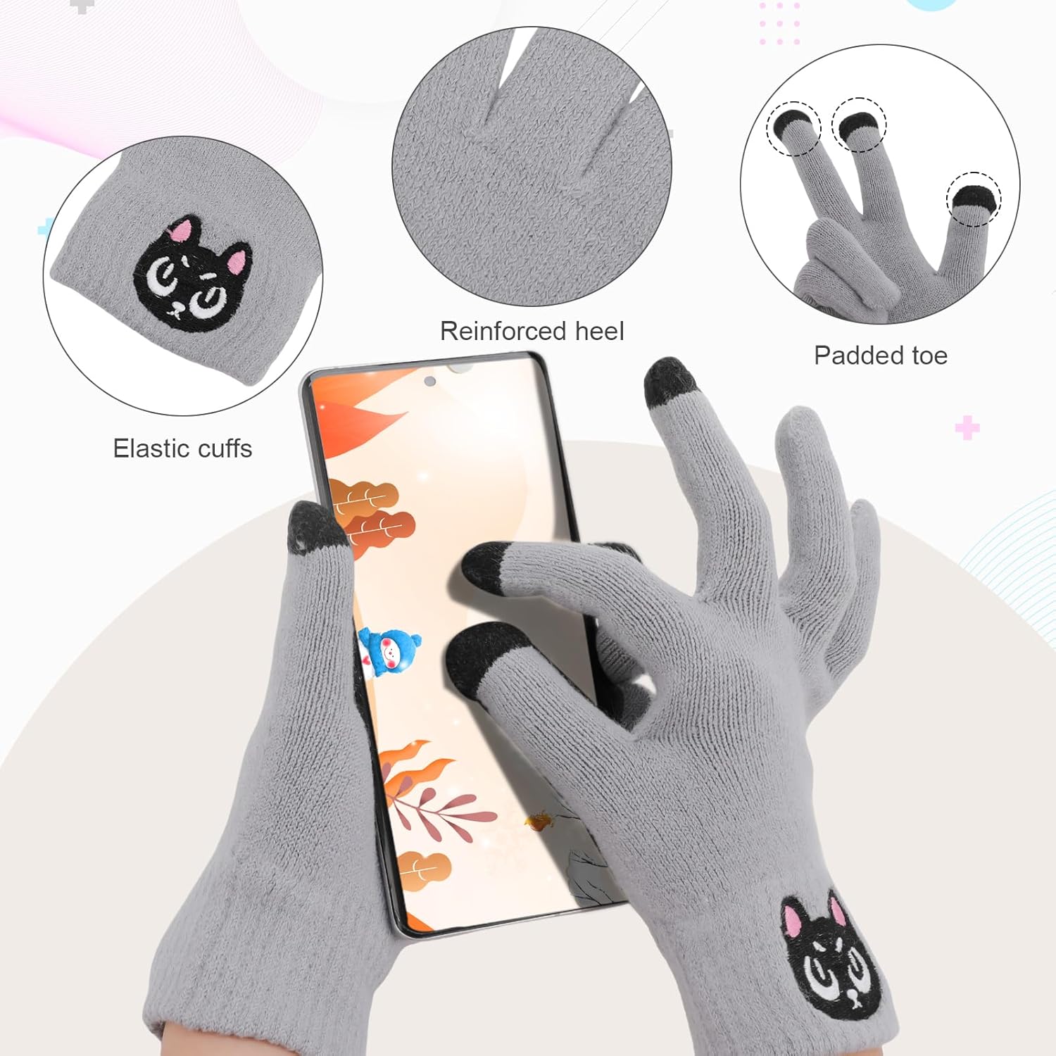 Women Winter Warm Knit Beanie Cat Hat with Headband Scarf Gloves Cat Lover Gifts Set for Women Teen Girls Grey - Image 4