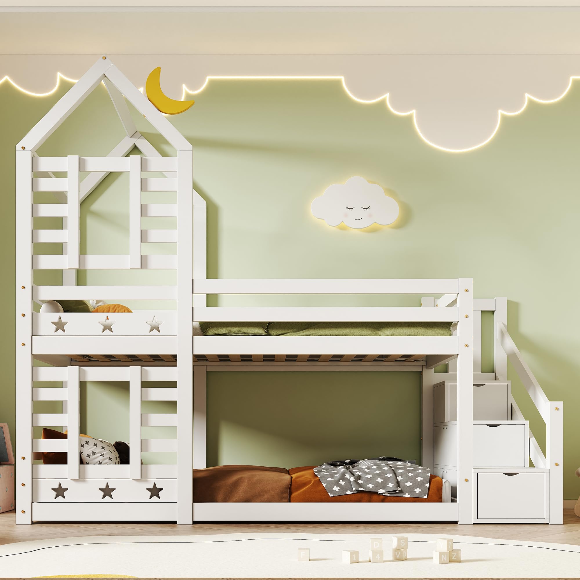 Sapgaks Lit cabane Enfants 90x200 Lit superposé Enfant lit Double lit Simple, avec tiroir et Protection Anti Chute, 90 x 200 cm, lit Mezzanine pour Enfants, 2 sommiers à Lattes, Blanc