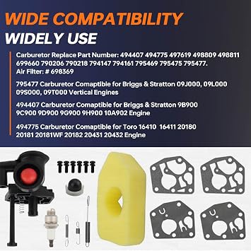ZAMDOE 795477 Carburetor Kit for Briggs Stratton 795469 794147 498809 497619 795475 790206 790218 699660 794161 498811 Carburetor Compatible for 09 000 09L000 09S000 09T000 Vertical Motor