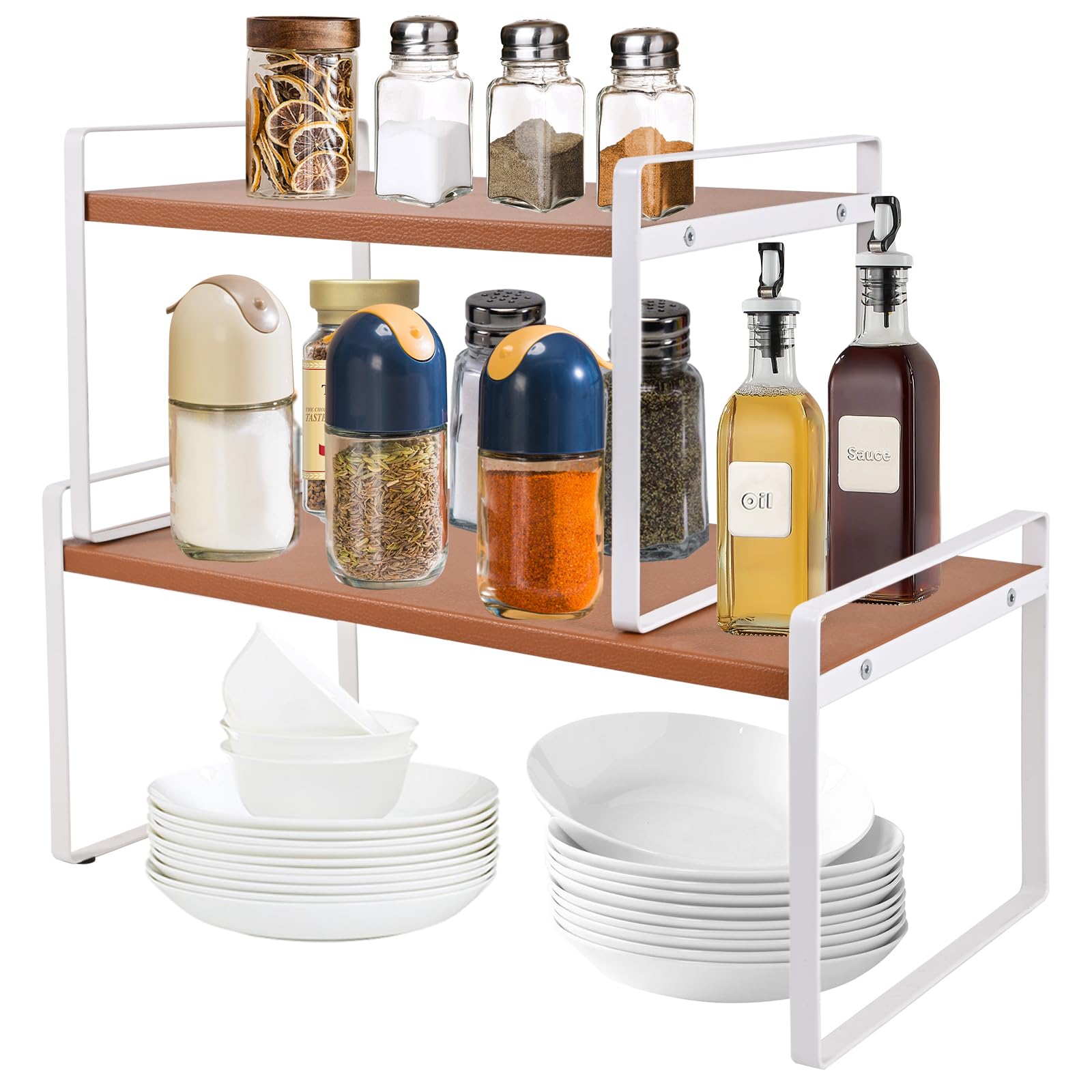 Cabinet Organizer Shelf, Set of 2 Stackable Kitchen Counter Shelves, Spice Rack for Countertop, Bathroom Counter Shelf, Pantry Shelf, Coffee Bar Organizer, Faux Leather Finish (Brown, 15.7"+11.8")