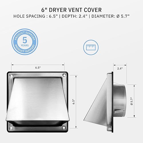 Miniatura 2 de calimaero HWG - Cubierta de ventilación de secadora de 6 pulgadas para paredes exteriores  Cubierta de ventilación de ventilador externo con