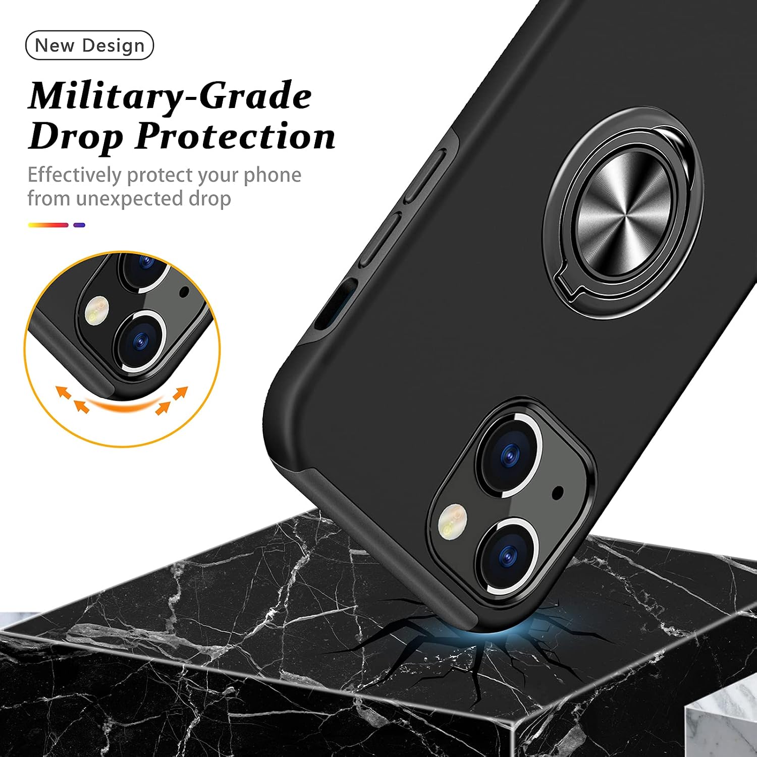 Shockproof Case for iPhone 13 6.1 inch, [Embedded Finger Ring] Military Grade Phone Case Cover with Reinforced Metal Stand Kickstand [Support Magnetic Car Holder] for iPhone 13, Black