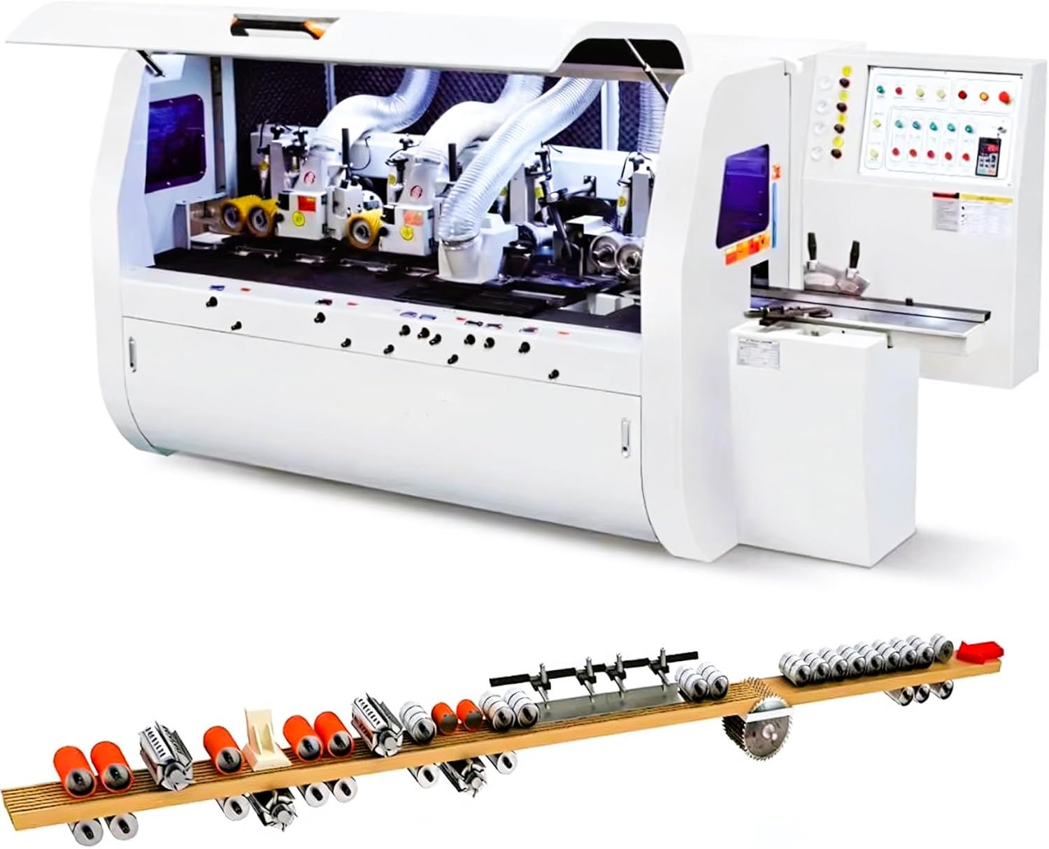 Automatic Four Sided Planer Moulder for Woodworking, Industrial 4 Side Wood Planer Machine, High Precision Multi Head Wood Moulding Machine for Furniture Timber Processing