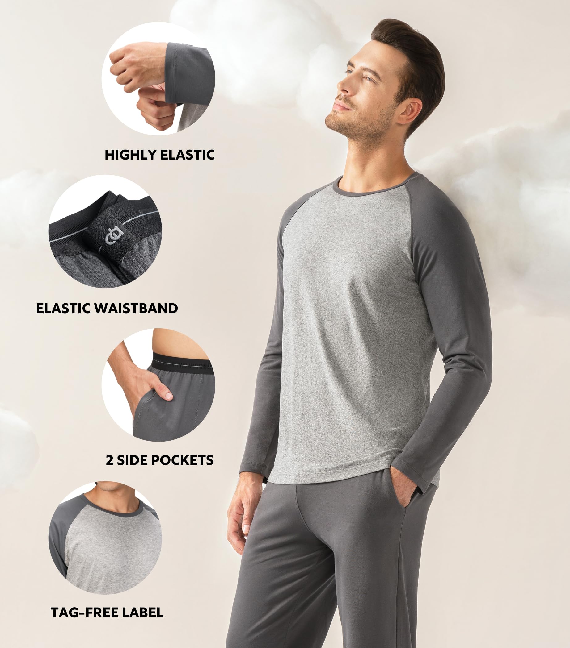 DAVID ARCHY Pijama para hombre, bata de dormir larga de algodón para hombre con bolsillos, suave y transpirable con cuello redondo, gris oscuro, M