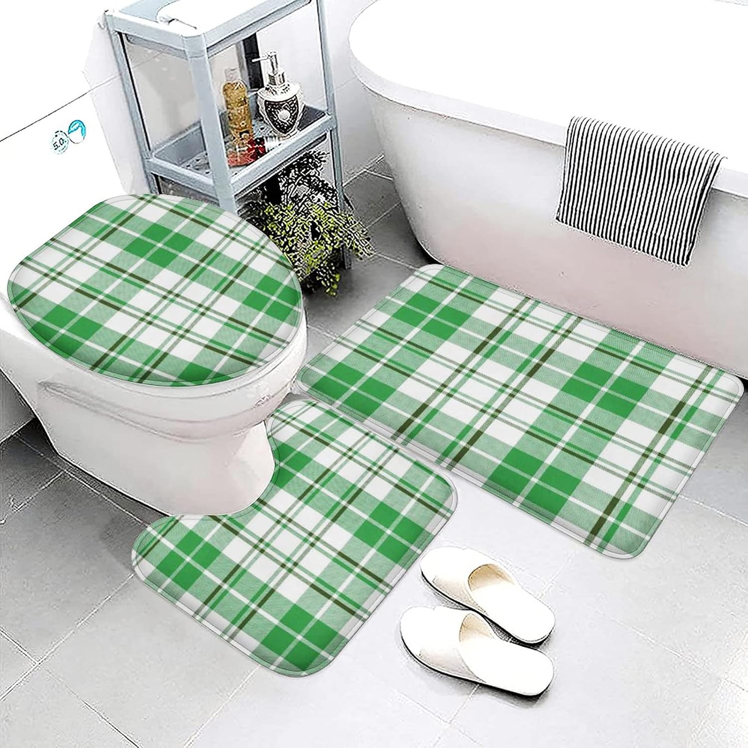 Green White Buffalo Check Plaid 3 Piece Bath Rug Sets St. Patrick's Day Spring Bath Mat Soft Non Slip Water Absorbent U-Shaped Contour Toilet Mat, Toilet Lid Cover for Bath Room