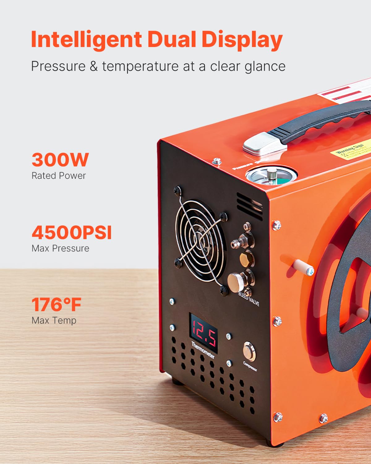 VEVOR Compresseur d'air PCP, 300 W 30 MPa, avec convertisseur intégré et système de refroidissement par ventilateur, arrêt automatique, pompe de réservoir de paintball sans huile pour pistolet à air