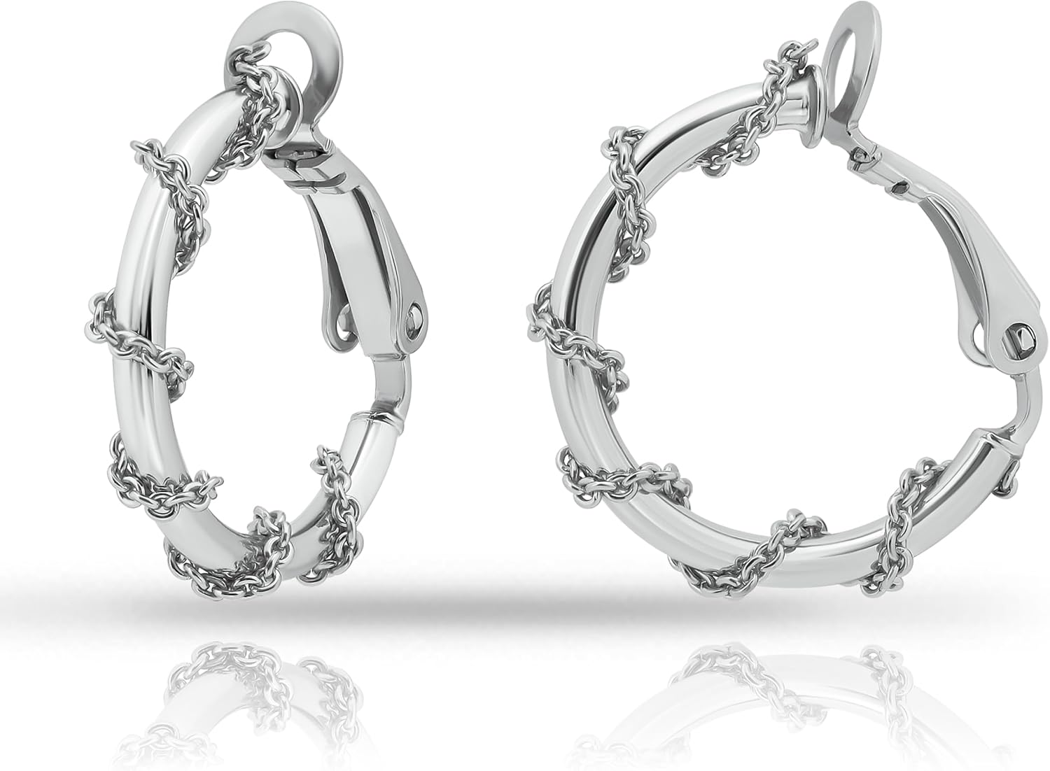 Hoops & Loops 925 Sterling Silver Chain-Wrap Clip-On Hoop Earrings for Women, 20mm, 25mm, 30mm in Silver, Yellow & Rose Gold Flashed Sterling Silver