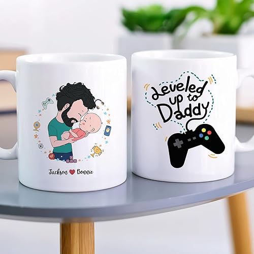 Miniatura 3 de Gossby Taza de café personalizada para el primer día del padre, Leveled Up to Daddy - Regalo personalizado para nuevo papá, regalo para papá por
