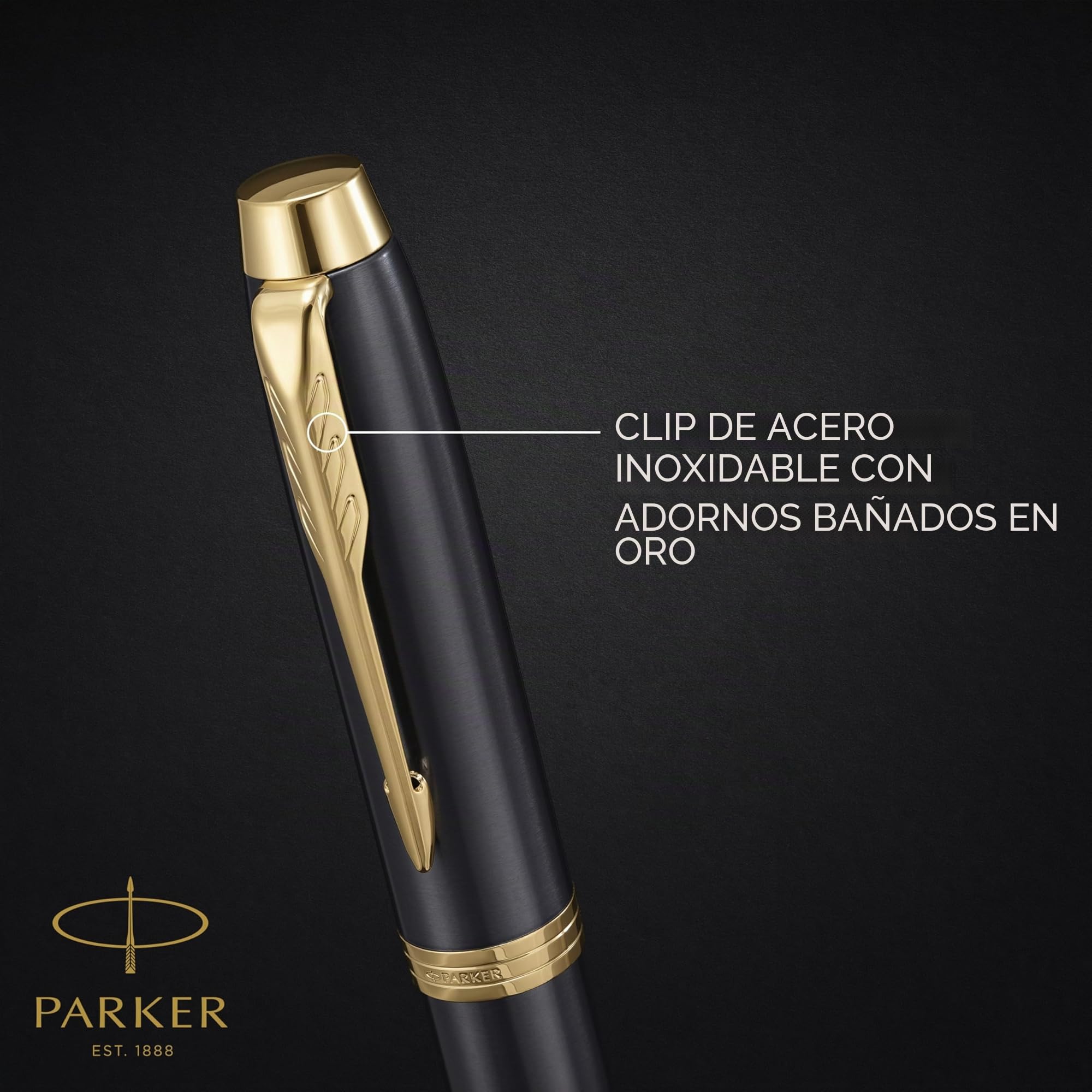 Parker IM Bolígrafo roller | lacado gris con adornos dorados | punta fina de acero inoxidable | estuche de regalo
