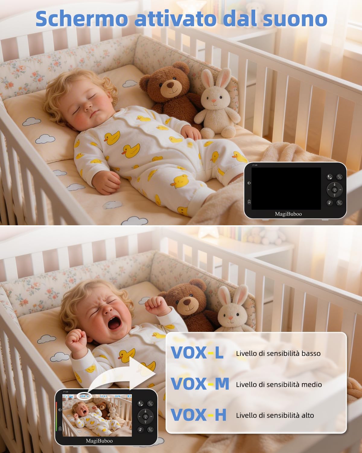 Baby monitor con telecamera senza WiFi, visione notturna a infrarossi, batteria da 5200 mAh, display HD IPS da 5 pollici, 720p, audio bidirezionale, modalità ECO/VOX, rilevamento del vino, audio a 2