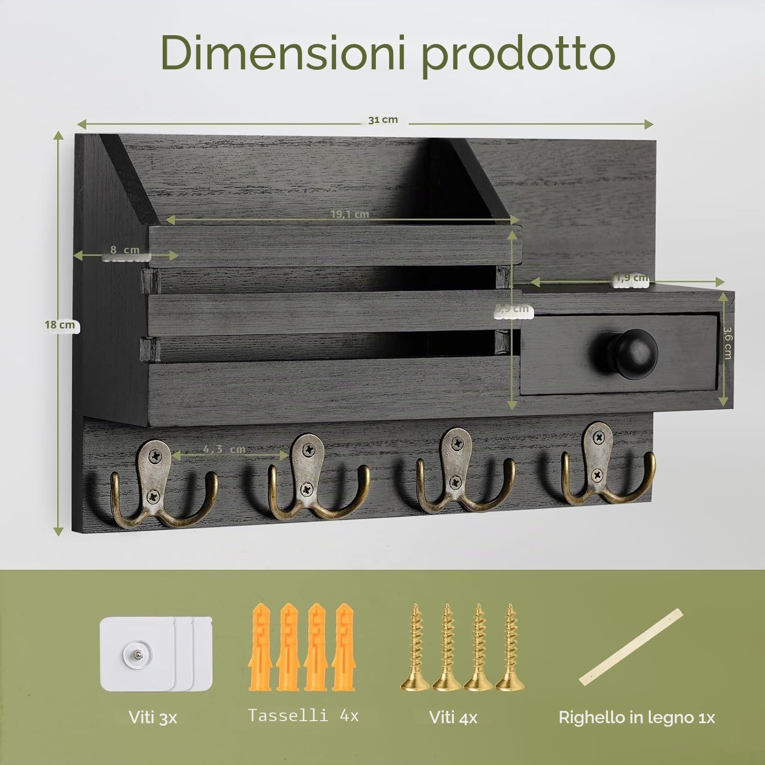 Appendi Chiavi a Muro con Cassetto Portaoggetti, Appendi Chiavi Ingresso con 4 Doppio Ganci, Portachiavi da Parete in Legno, Mensola da Parete per Casa, Ingresso, Ufficio - Nero