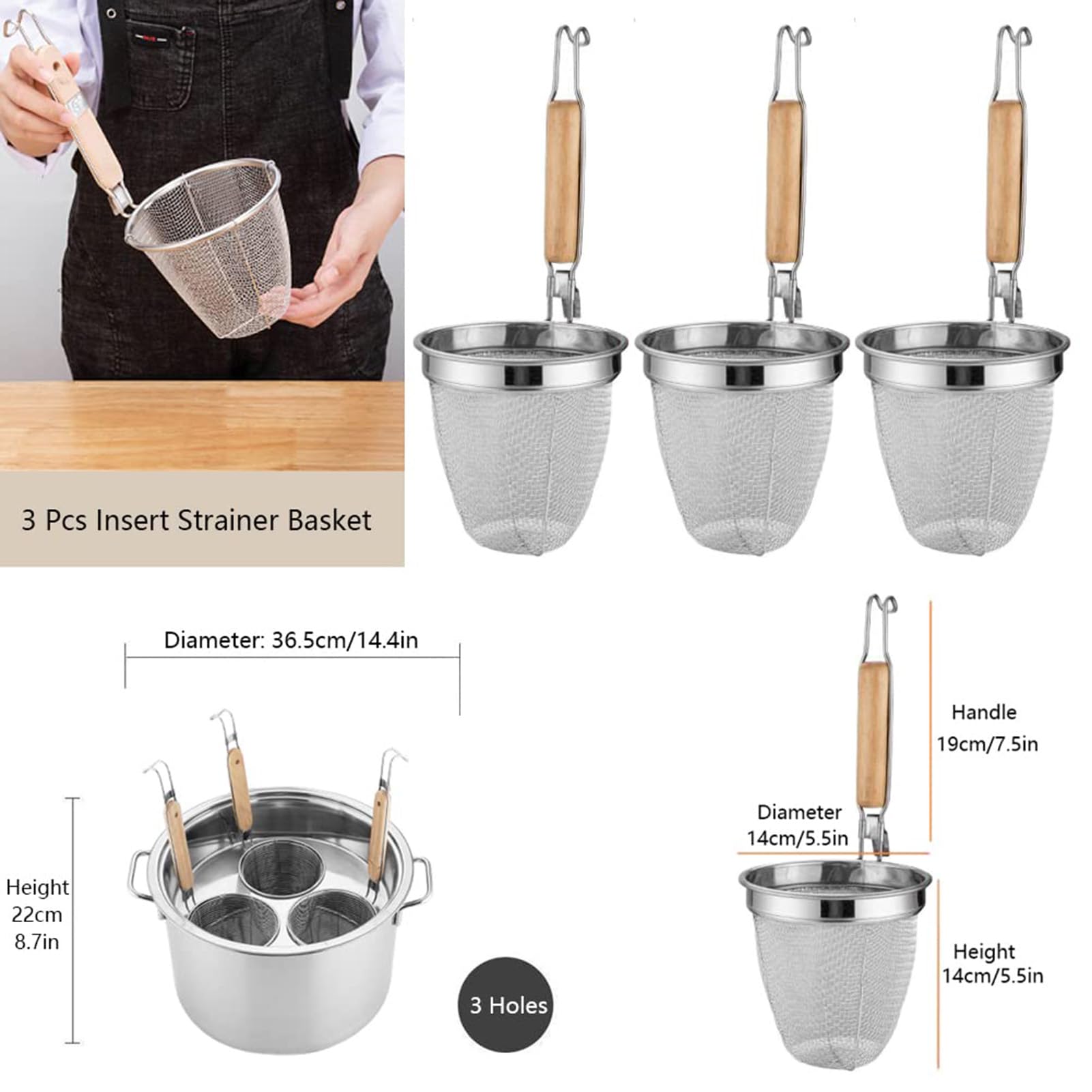 RSBFER Set di cuocipasta in Acciaio Inox con cestelli scolapasta, pentola Multifunzione con Coperchio e 3/4/5 Scomparti per cuocere Pasta, Noodles, Gnocchi e Verdure,3 Hole