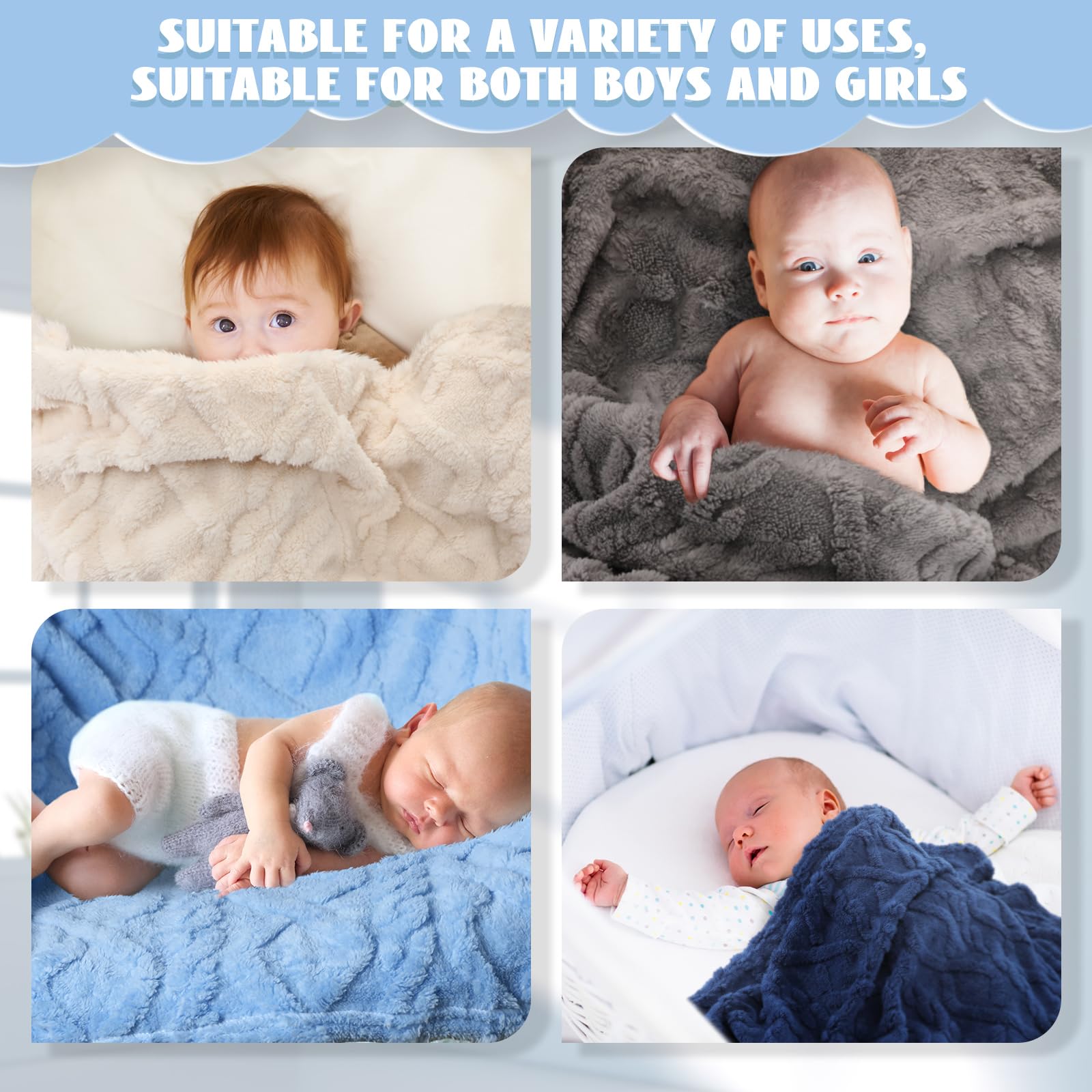 4 Pcs Fleece 30" x 40" 3D Fluffy Baby Blanket for Boys Nursery Little Girl Infant or Newborn Receiving Swaddling Blankets(Blue Set)