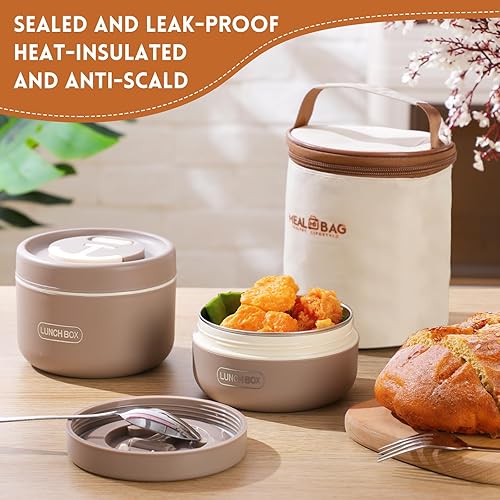 Miniatura 2 de Dandat 2 recipientes aislados para el almuerzo, caja térmica Bento con bolsa, tenedor, cuchillo, lonchera de acero inoxidable para microondas, 15.2