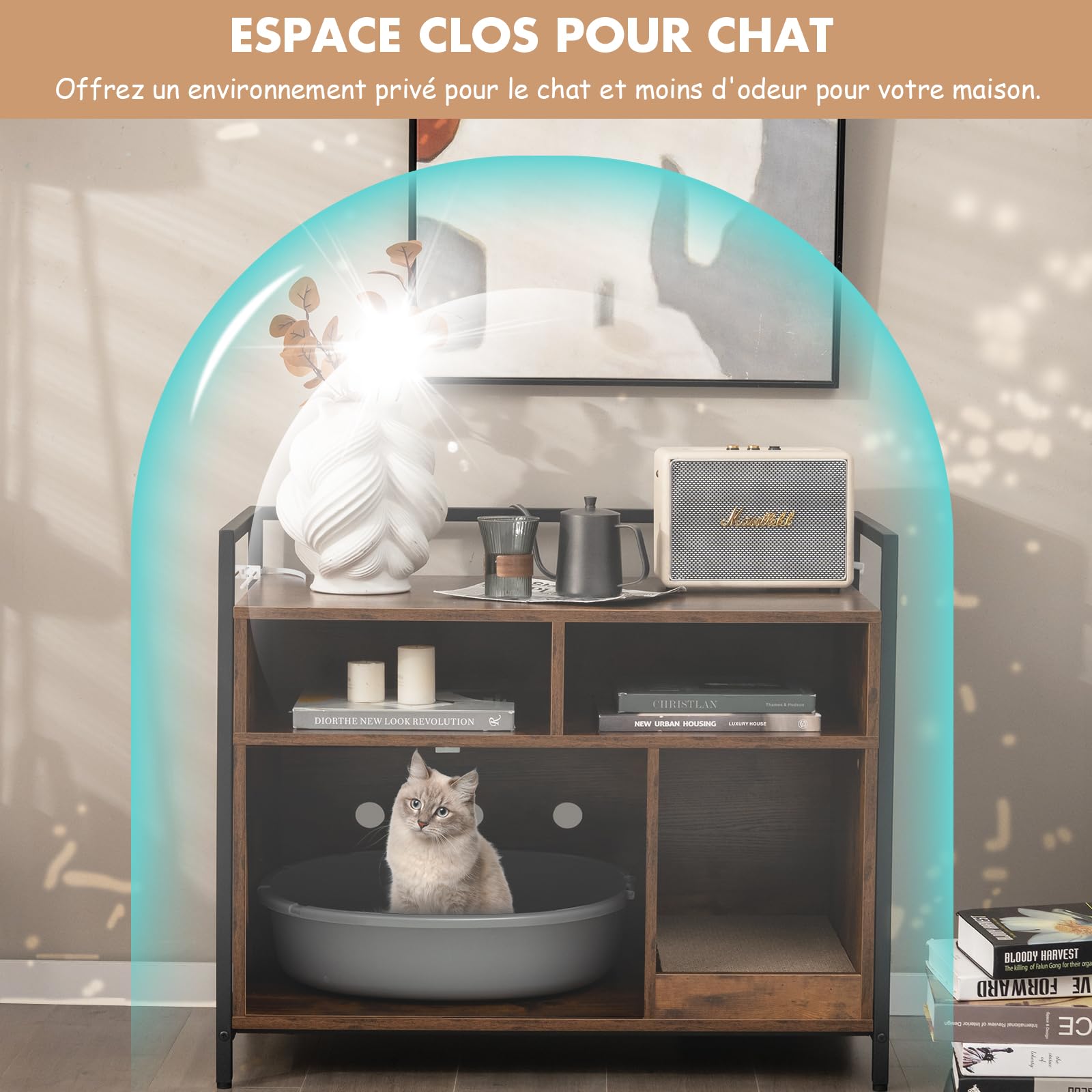 GOPLUS Maison à litière chat acier compartiments griffoir 89x45x74,5cm marron