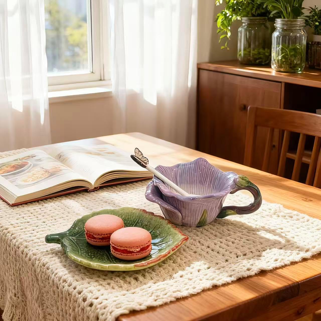 Ceramic Tea Cup and Saucer Set ,6OZ 3D Hand-Painted Flower and Lotus Leaf Coffee Mug,Gift for Women- Pinkish Purple Rose - Image 6