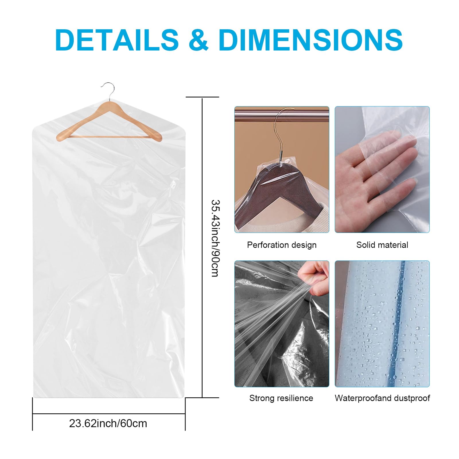 30 Pack Clear Garment Bags for Clothes, 35.4inch Clothes Covers Plastic Garment Bags Dry Cleaner Bags Plastic Clear Dry Cleaning Bags for Hanging Clothes Storage Travel