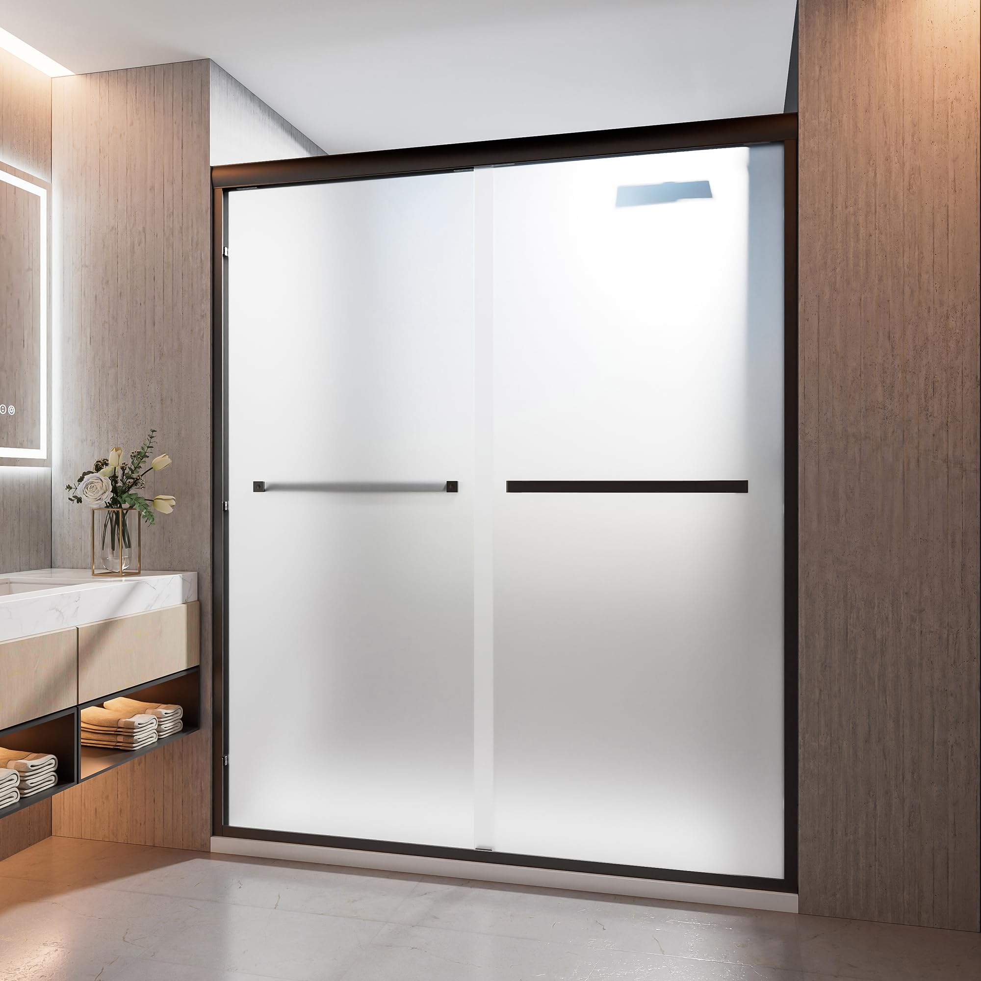 Photo 1 of Frosted Shower Doors, 56-60 in W x 72 in H, 1/4 in(6mm) Tempered Glass, Black Semi-Frameless Sliding Shower Door with Aluminum Frame