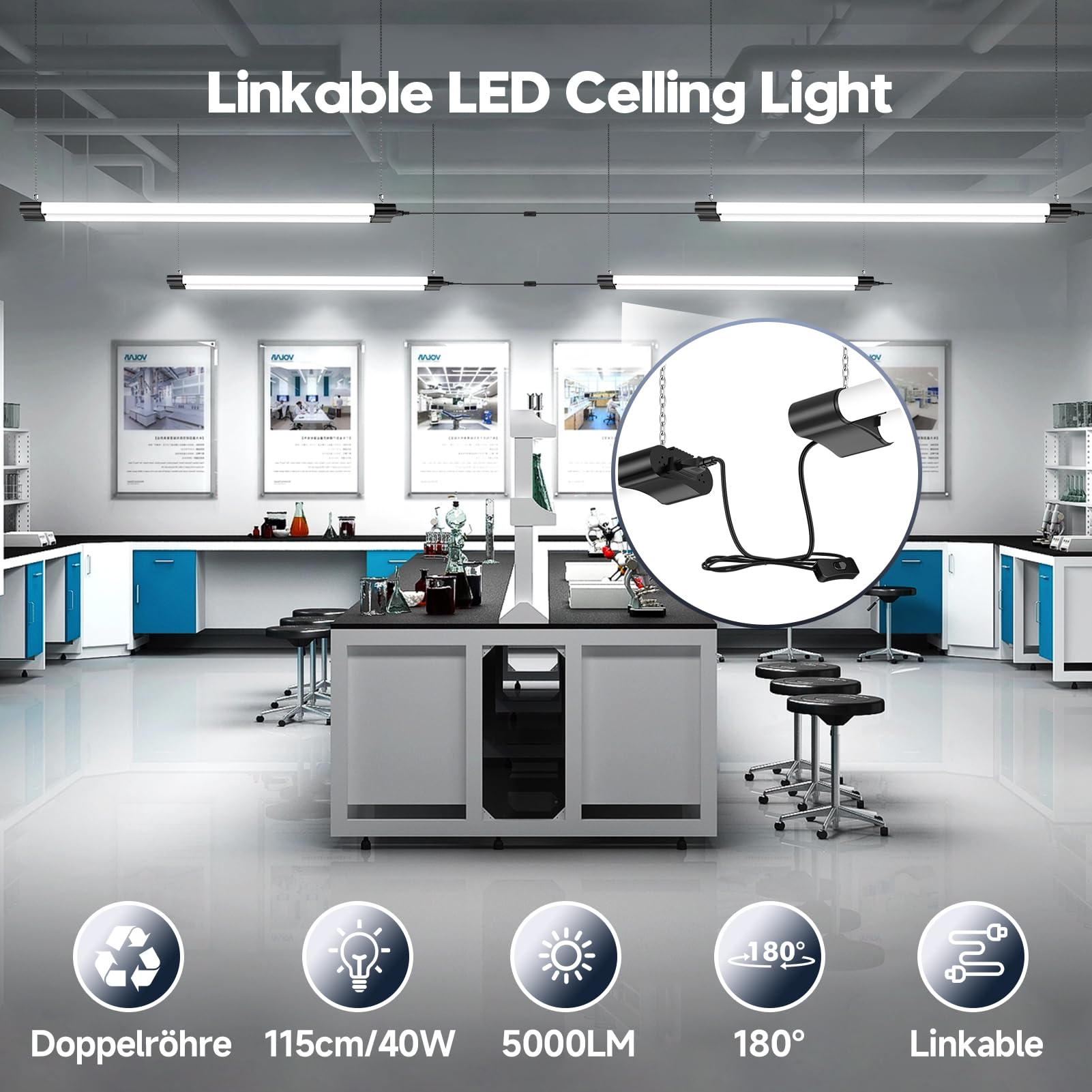 Listwa LED 120 cm, 40 W, 5000 lm, ściemniana neonowa biel, 6500 K, wodoodporna IP65, lampa sufitowa do garażu, magazynu, warsztatu, biura, 4 sztuki