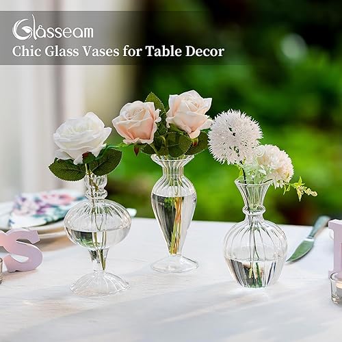 Miniatura 2 de Glasseam Jarrones pequeños de cristal juego de 3 jarrones transparentes acanalados para centros de mesa, jarrones decorativos para flores, hechos a