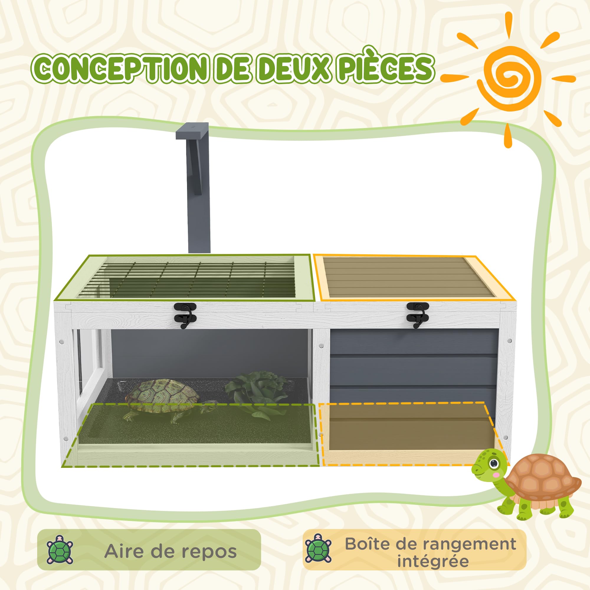 PawHut Maison enclos Cage pour Petit Animal Tortue avec 2 espaces, Support de Lampe 2 Plateaux coulissants, 81 x 48 x 31,5 cm - Bois Massif Gris