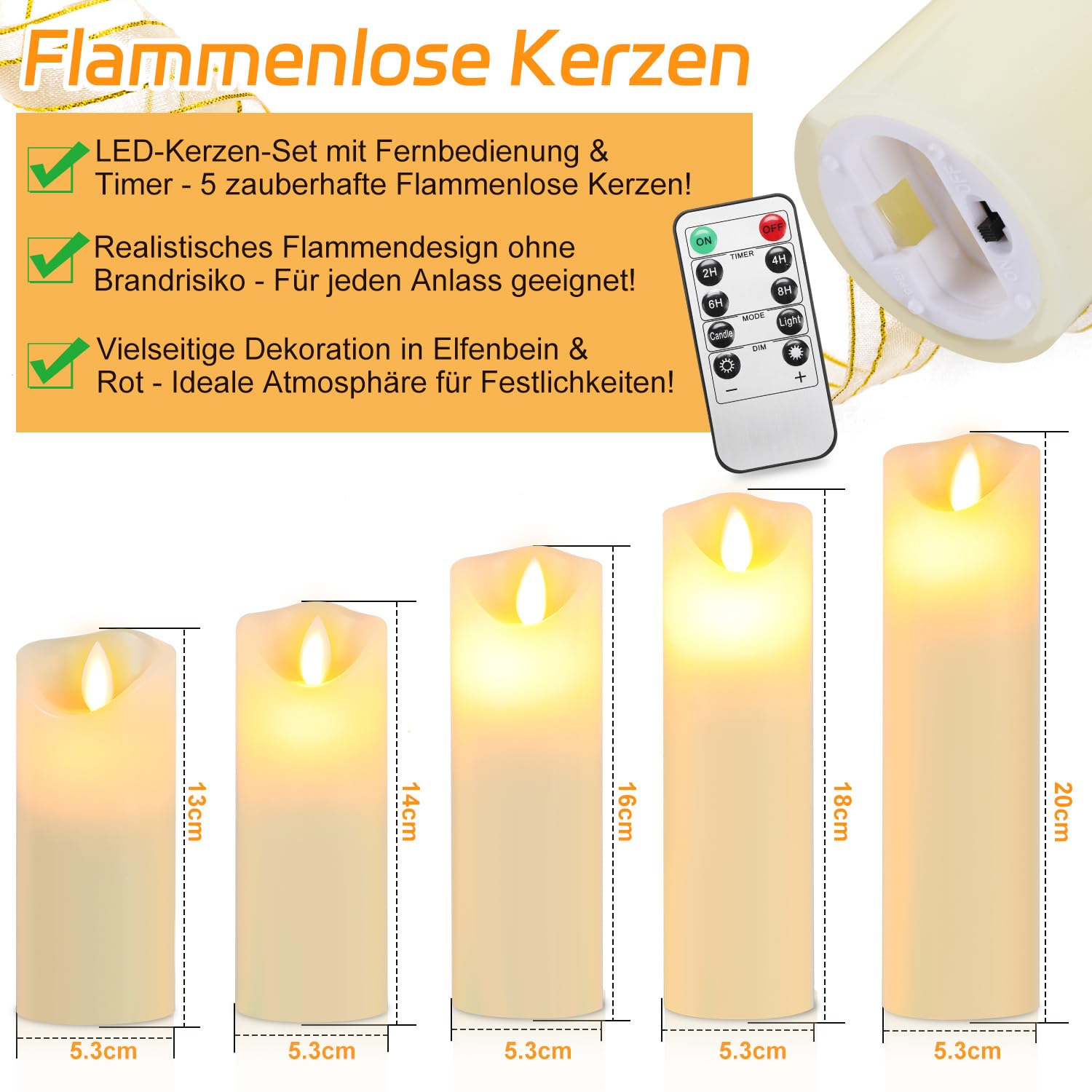 Velas LED con temporizador, juego de 5 unidades, cera real con