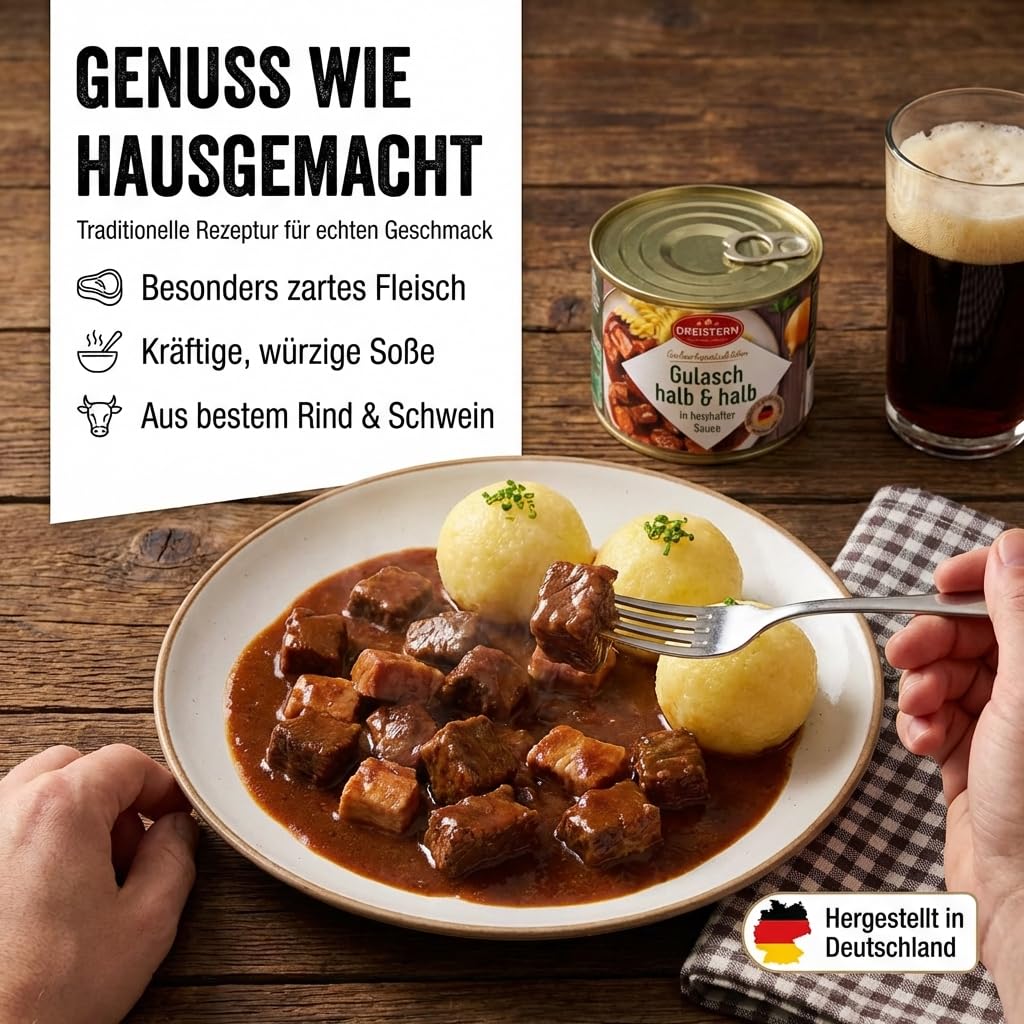 Dreistern Goulash 500 g - Hausmacherart Beef & Pork in Hearty Sauce | German classic as a ready dish in the canned food, ideal for dumplings or pasta, includes DDR cookbook and gift card Gulasch 500g