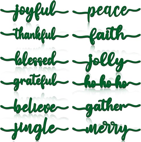 Miniatura 7 de 12 piezas de Navidad con recorte de madera con recorte de madera con texto en inglés "Joyful Merry Thankful Grateful Blessed Peace Gather", letrero
