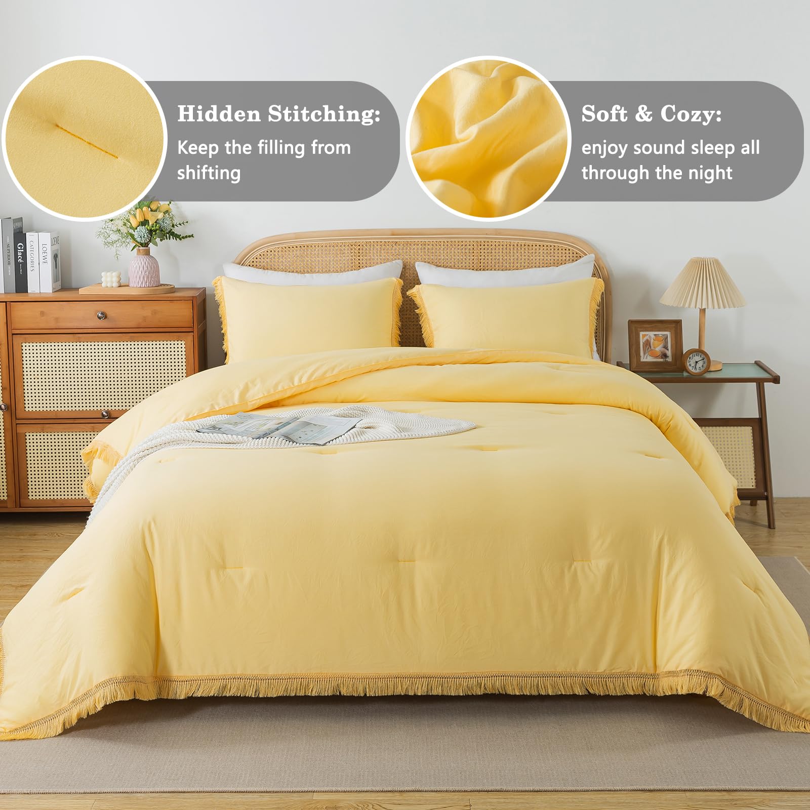 Andency Yellow Tassel Comforter Set King(104x90Inch), 3 Pieces(1 Boho Comforter, 2 Pillowcases) Farmhouse Shabby Chic Comforter Set, Soft Microfiber Lightweight Fringe Bedding Comforter Set