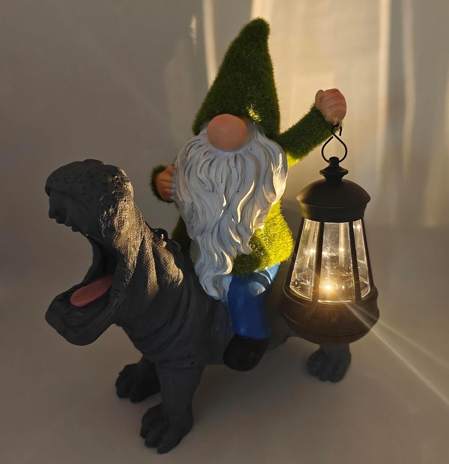 11.8" Gnome Riding Hippo Solar Statue Gnome Solar Statues with Solar Lantern Hippo Solar Lights for Outdoor Decor Patio Balcony Yard Lawn Unique House Warming Gift