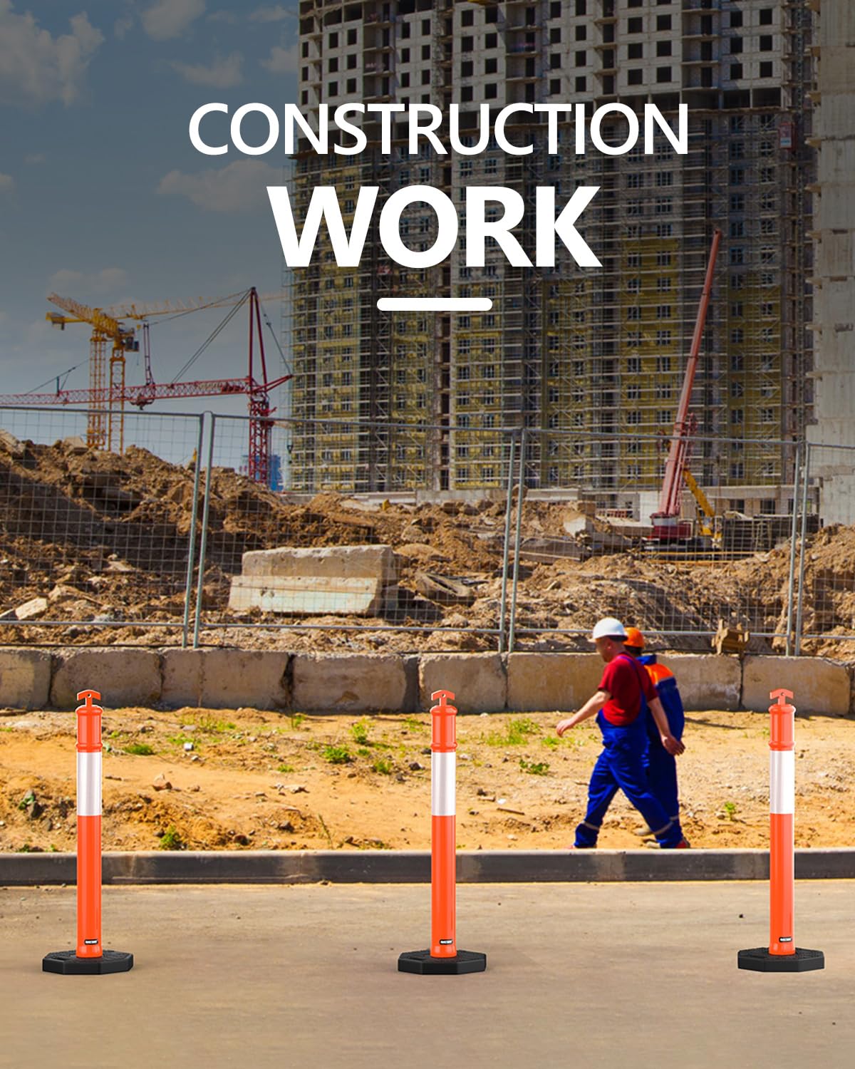 BATTIFE 45" Delineator Post with Base, Traffic Delineator Cones with Reflective Collar for Driving Practice, Construction Work (3, Orange, 45 inch)