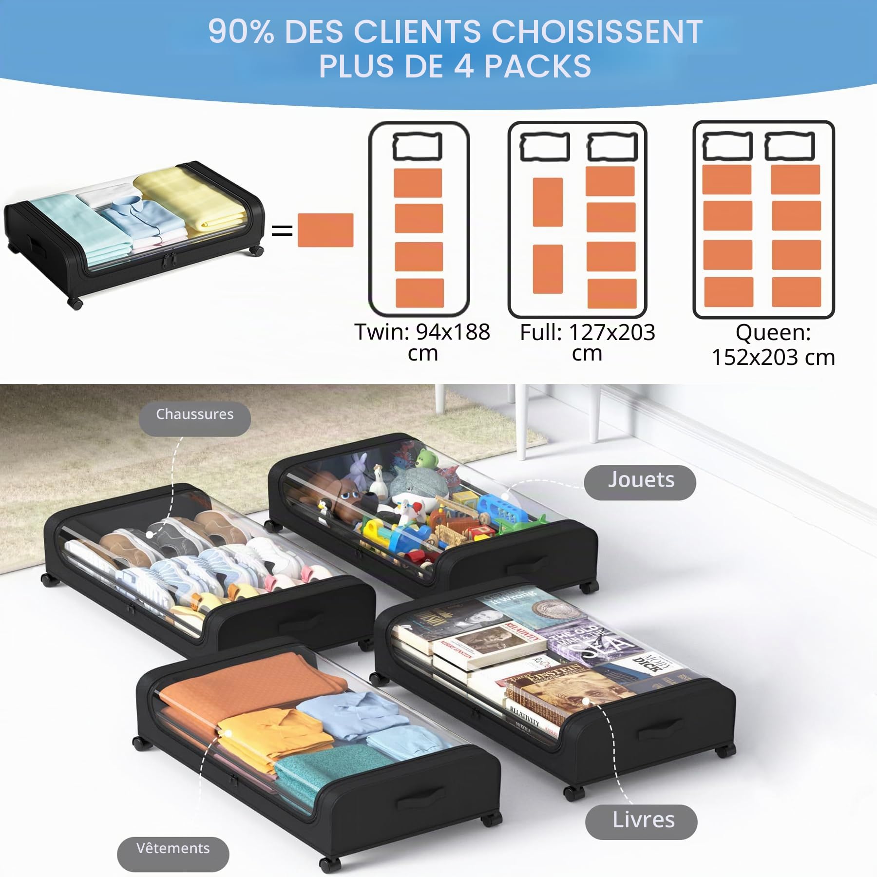 2 Pcs Rangement Sous Lit Boite Housse Sac Rangement Vetement avec Roulette et Couvercle Cadre métallique Placard Tiroir Organisateur Bac Chambre Drap Caisse pour Vêtements Jouets Livres Chaussure,Noir