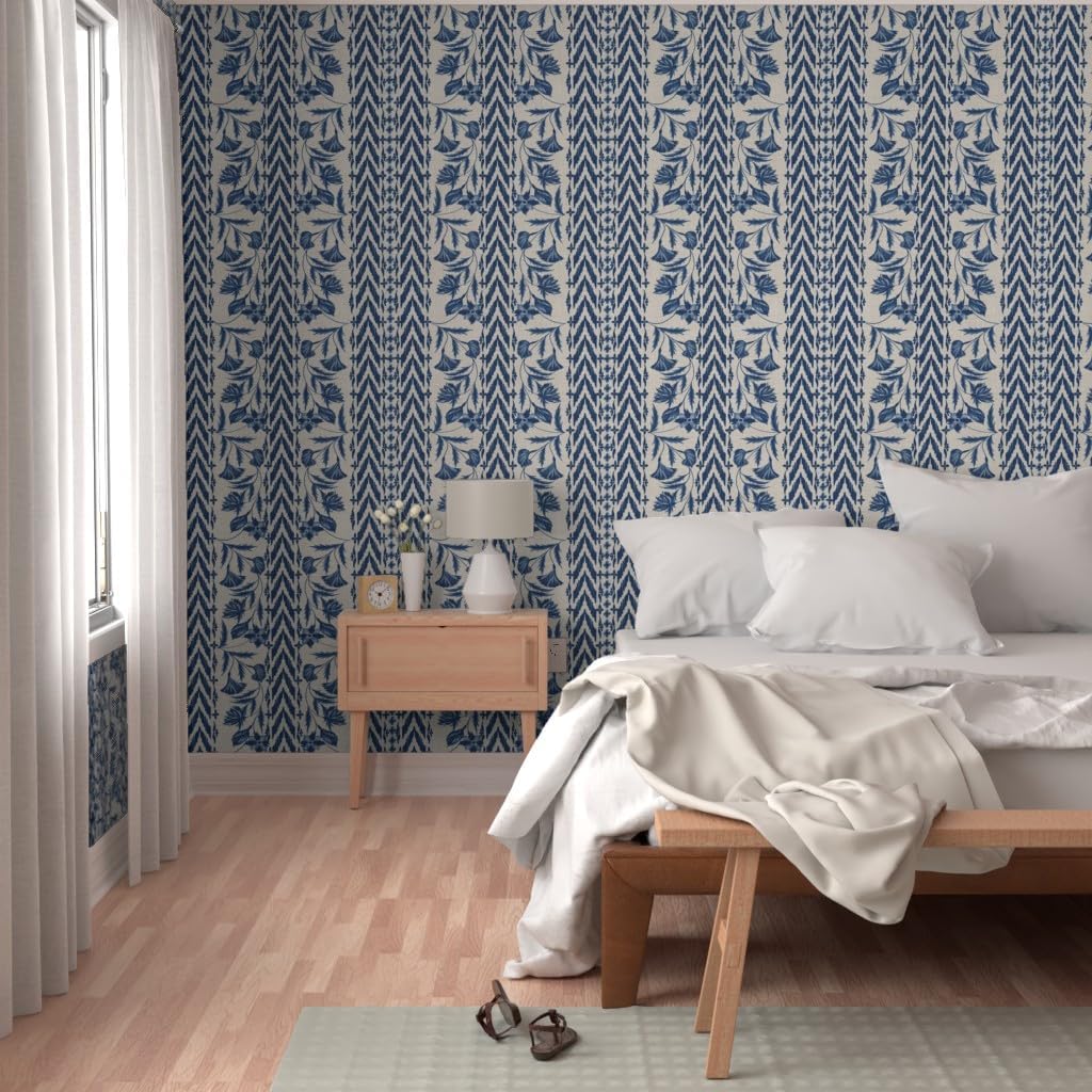 Peel & Stick Wallpaper Swatch - Folk Floral Stripe Large Scale Blue Tan Chintz Flowers Custom Removable Wallpaper by Spoonflower