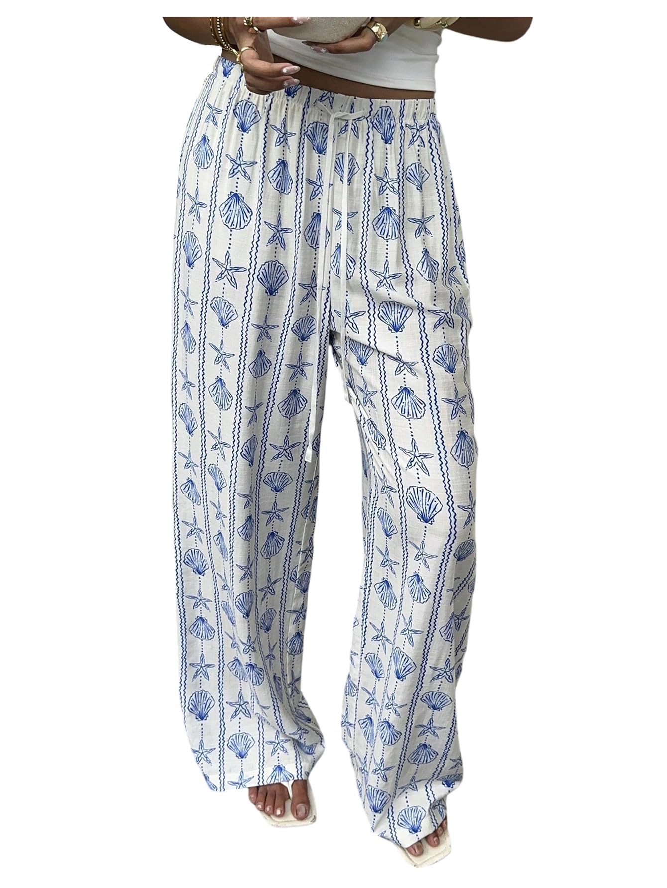Floerns Womens Starfish Straight Leg Pants High Waisted Beach Pants Summer Trousers