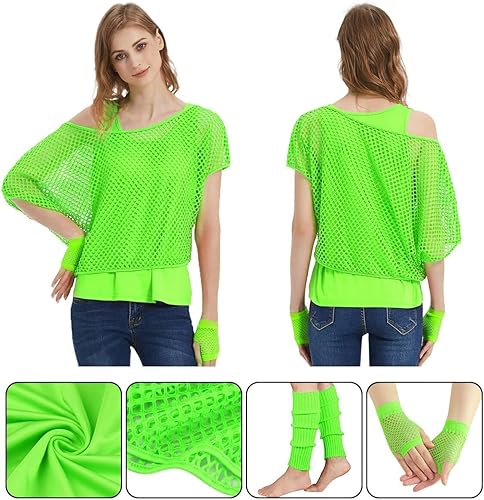 Miniatura 3 de WILDPARTY Camiseta casual sexy de los años 80 para mujer, diseño de red de neón con hombros descubiertos