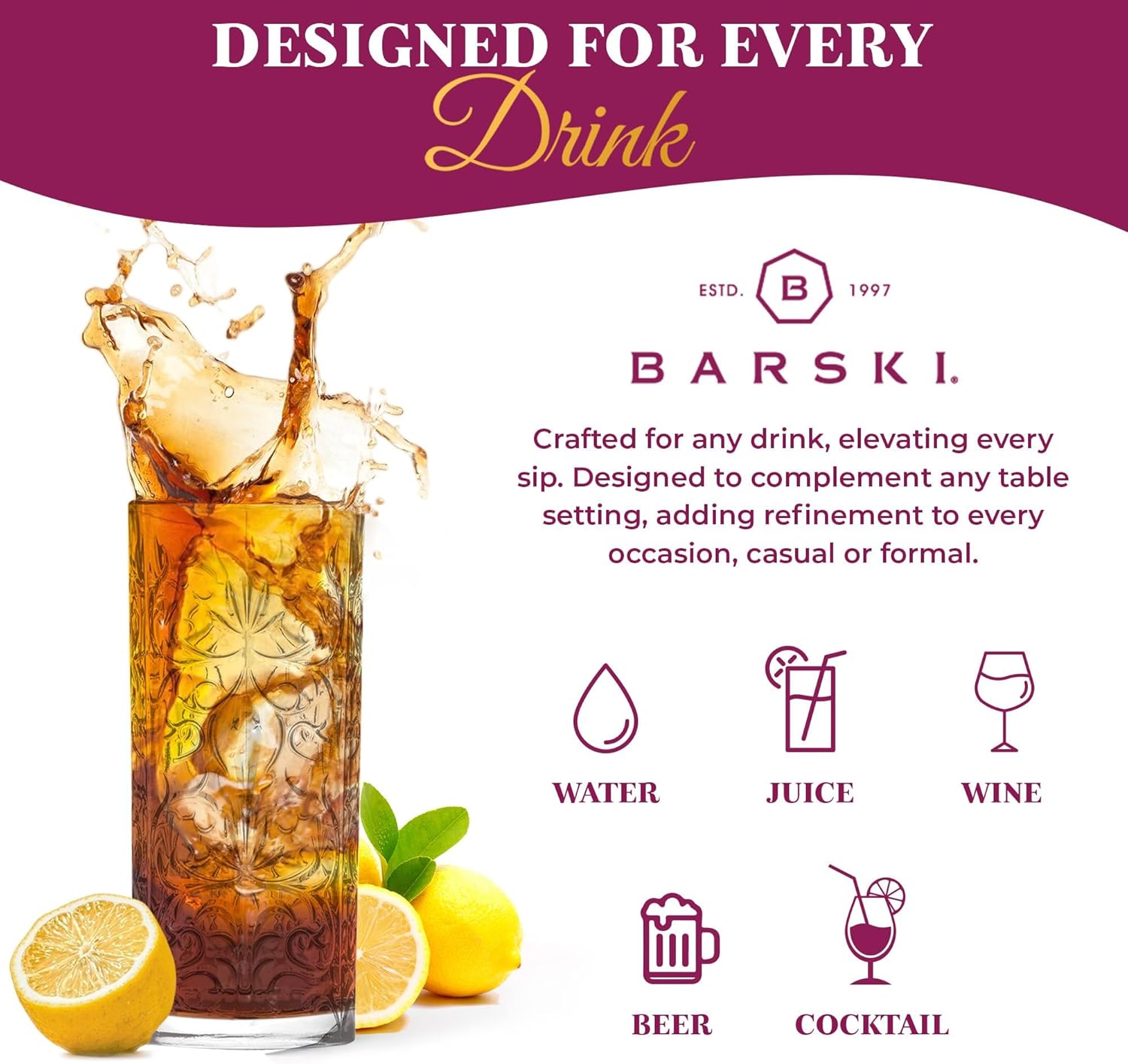 Barski Highball Glass - Drinking Glasses - Set of 2 - Hiball Tumblers - Glass Crystal Tumbler - for Water, Juice, Beer, Mixed Cocktails, Mojito Glass, Tom Collins Bar Glassware, 13 oz, Made in Europe