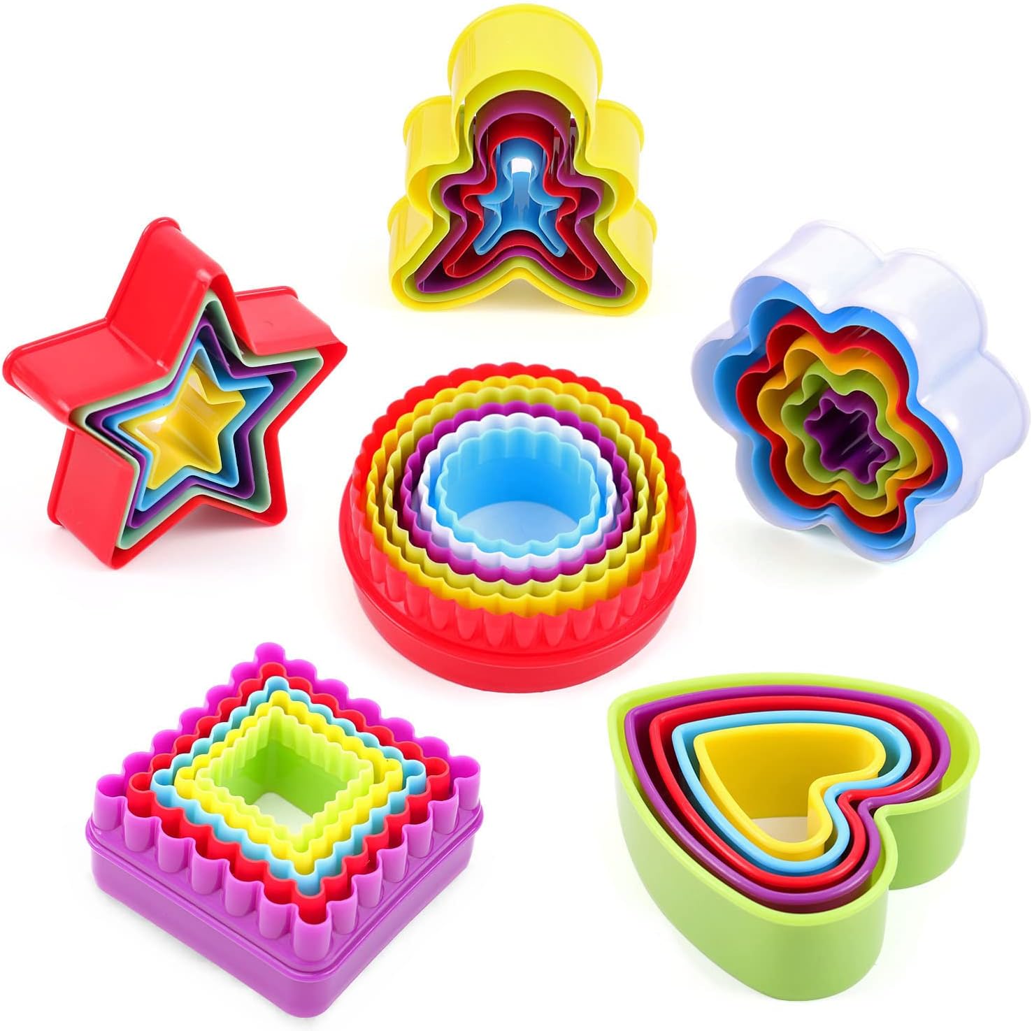 Cookie Cutter Shapes Set, 32Pcs 6 Shapes Biscuit Cutters Shapes, Cake Vegetable Fondant Fruit Cutters Shapes Set for Kids Adults (Square, Round, Star, Heart, Flower, Gingersnap)