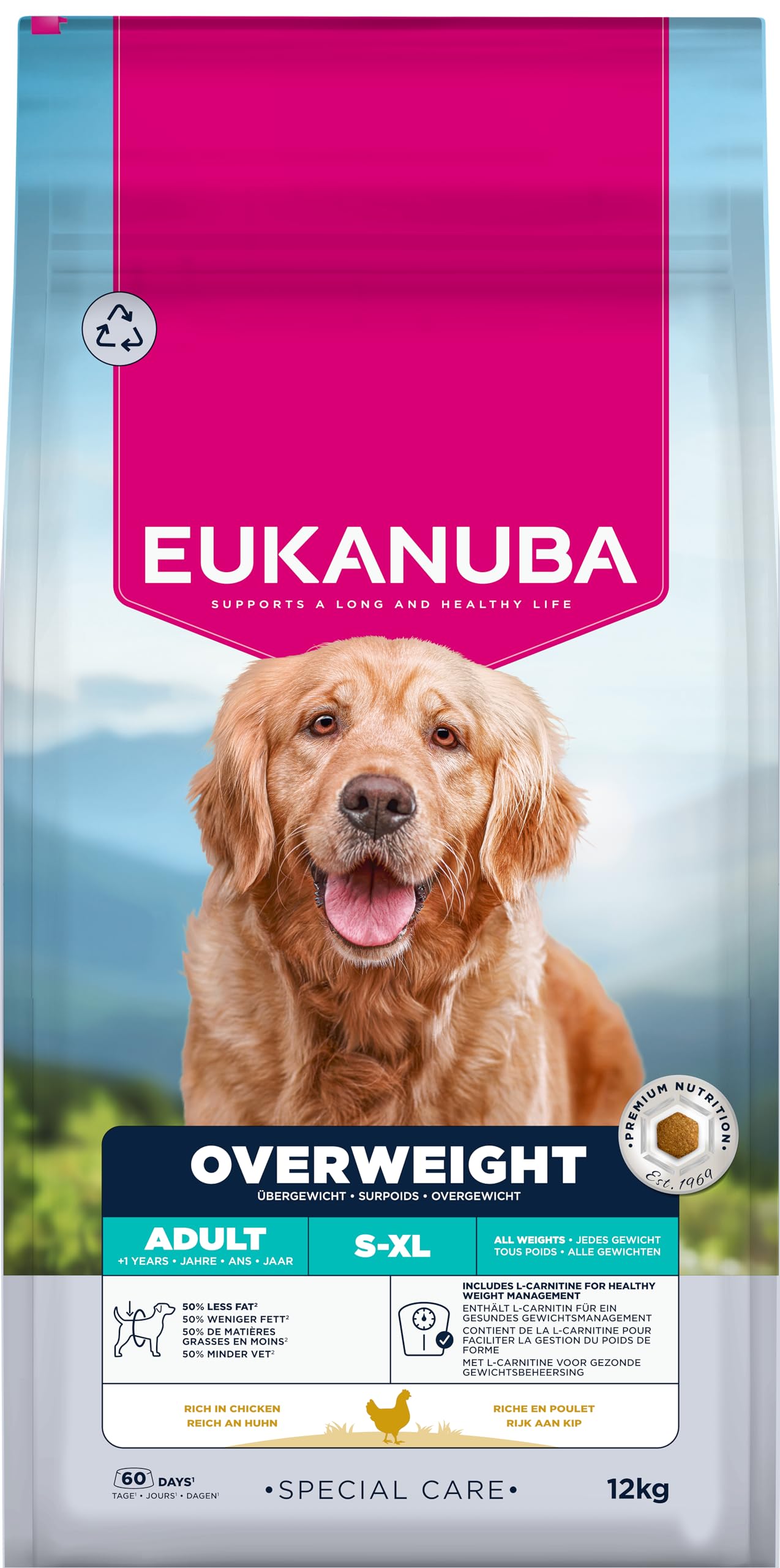 EUKANUBA Overweight - Alimento Dietético para Perros, Pollo, 12kg | Special Care | Bajo en grasa | Para la reducción del peso | Tendencia al sobrepeso