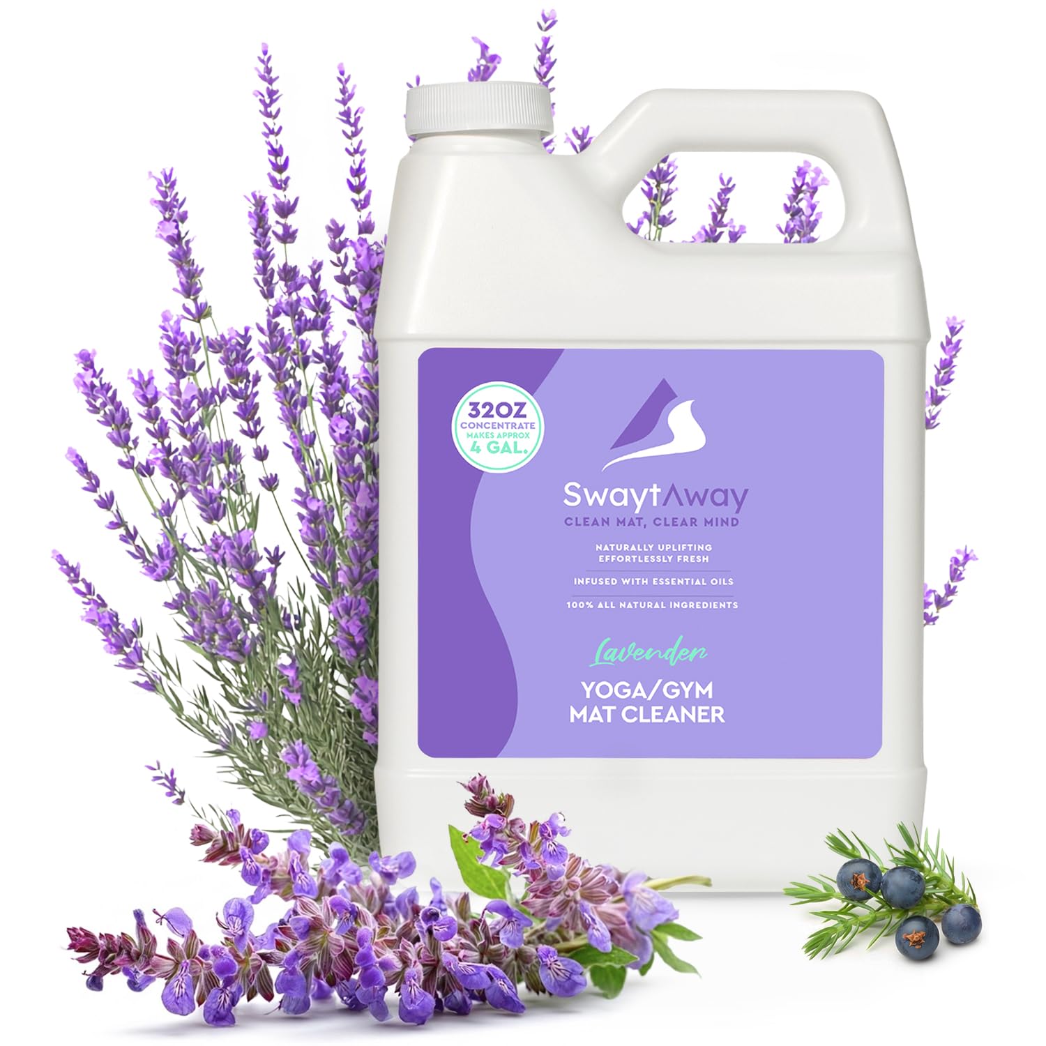 SwaytAway Fitness Mat Cleaner Concentrate 32oz Make 4 Gal - No-Slip No-Residue Lavender Essential Oil Formula USA Made