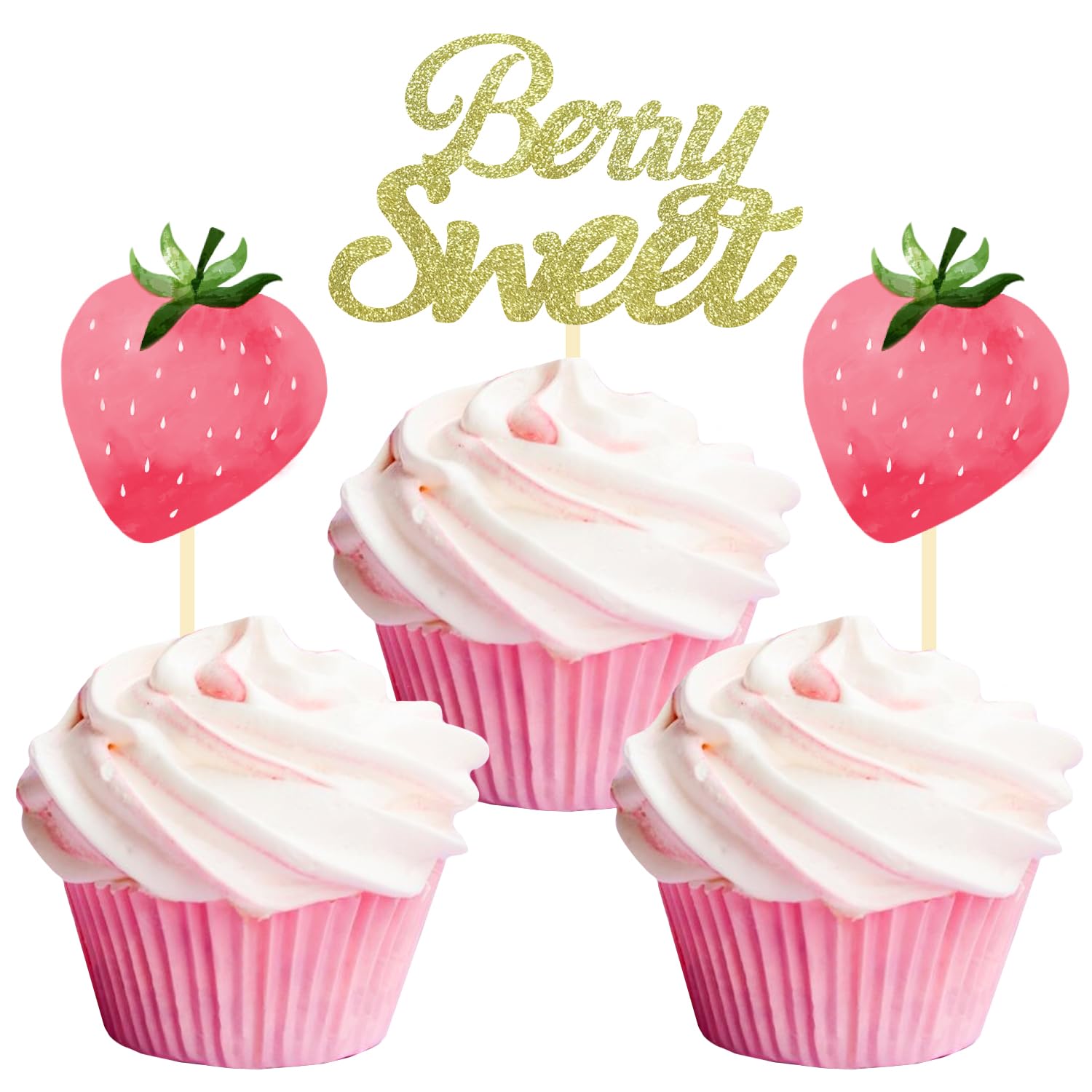 24 Pcs Strawberry Cupcake Topper Glitter Berry Sweet Cupcake Topper for Berry Rush Strawberry Theme Kids Birthday Frutti Party Baby Shower Wedding