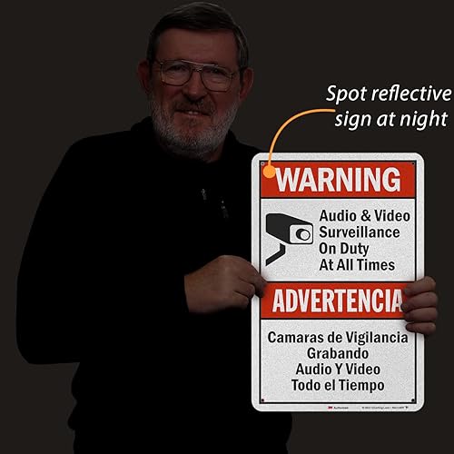 Vista 25 de SmartSign -S-9392-AL-14 Advertencia - Vigilancia de audio y video en servicio en todo momento Aluminio de 10" x 14" - Negro/Rojo sobre Blanco