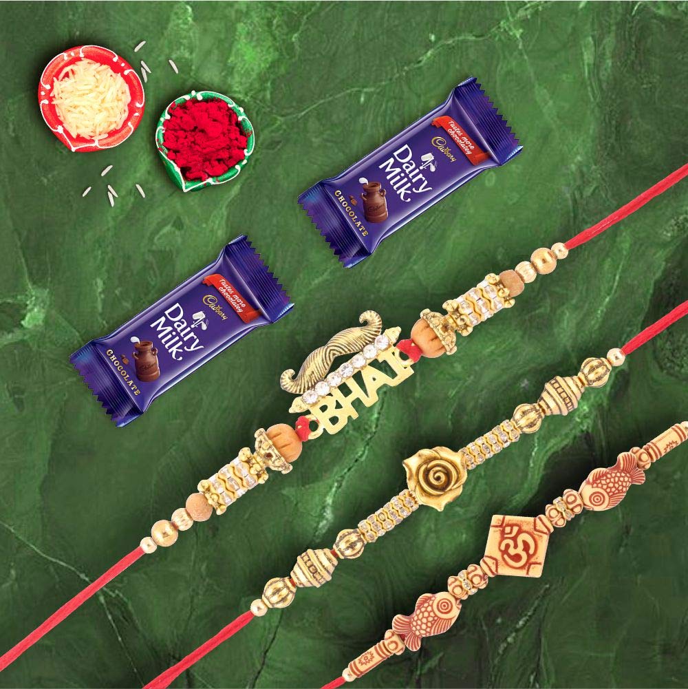 SFU E Com Premium Designer Set of 3 Rakhi with 2 Pieces Dairy Milk Chocolate | Rakhi Chocolate Gift for Brother | Roli, Chawal, Chandan, Misri | 8
