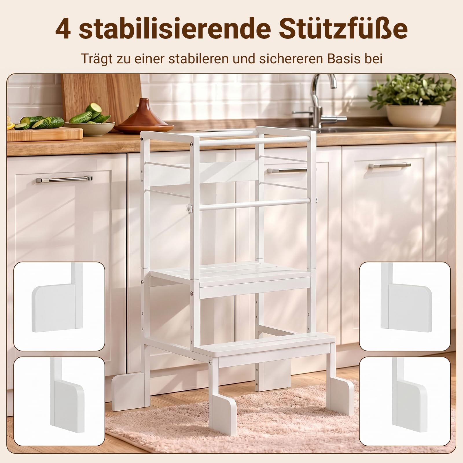 COSYLAND Lernturm Montessori Learning Tower Holz Stabil, Reinweiß | Stabiler Toddler Tower mit 4 Stützfüßen & Rutschschutz. 3-fach höhenverstellbar für Kinder ab 2 Jahren in Küche.